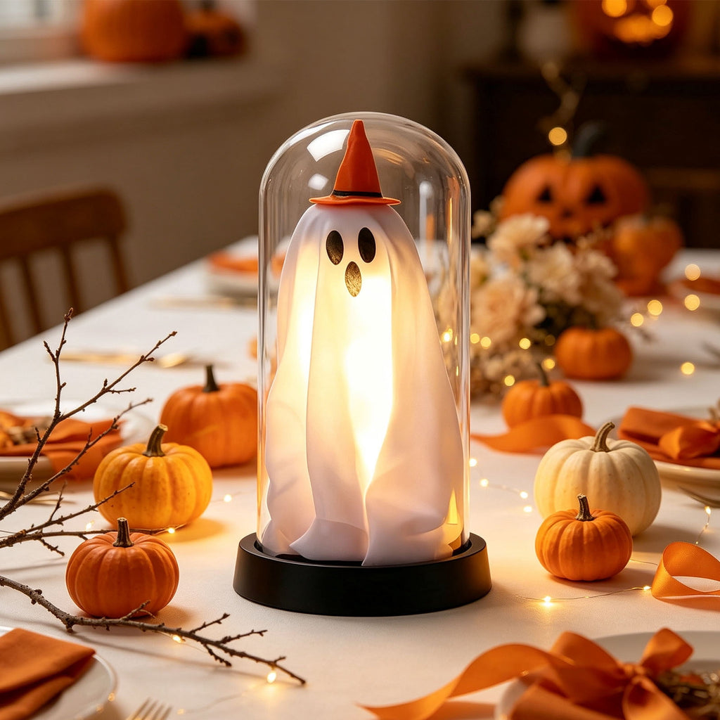 Orangide Halloween Ghost Cloche Night Light Fabric Ghost Lamp with Glass Dome for Mantel Shelf Spooky Party and Home Decor Ornament