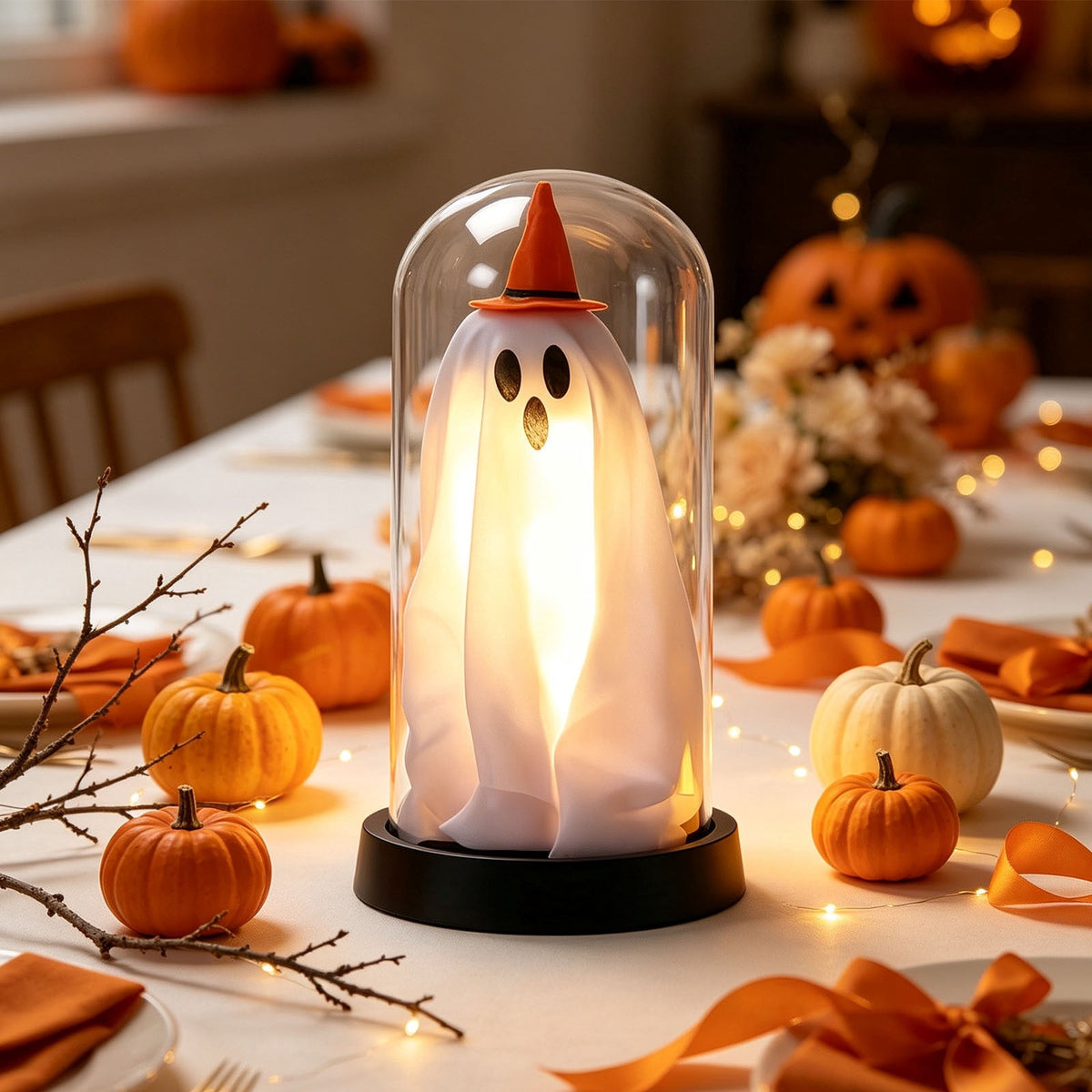 Orangide Halloween Ghost Cloche Night Light Fabric Ghost Lamp with Glass Dome for Mantel Shelf Spooky Party and Home Decor Ornament