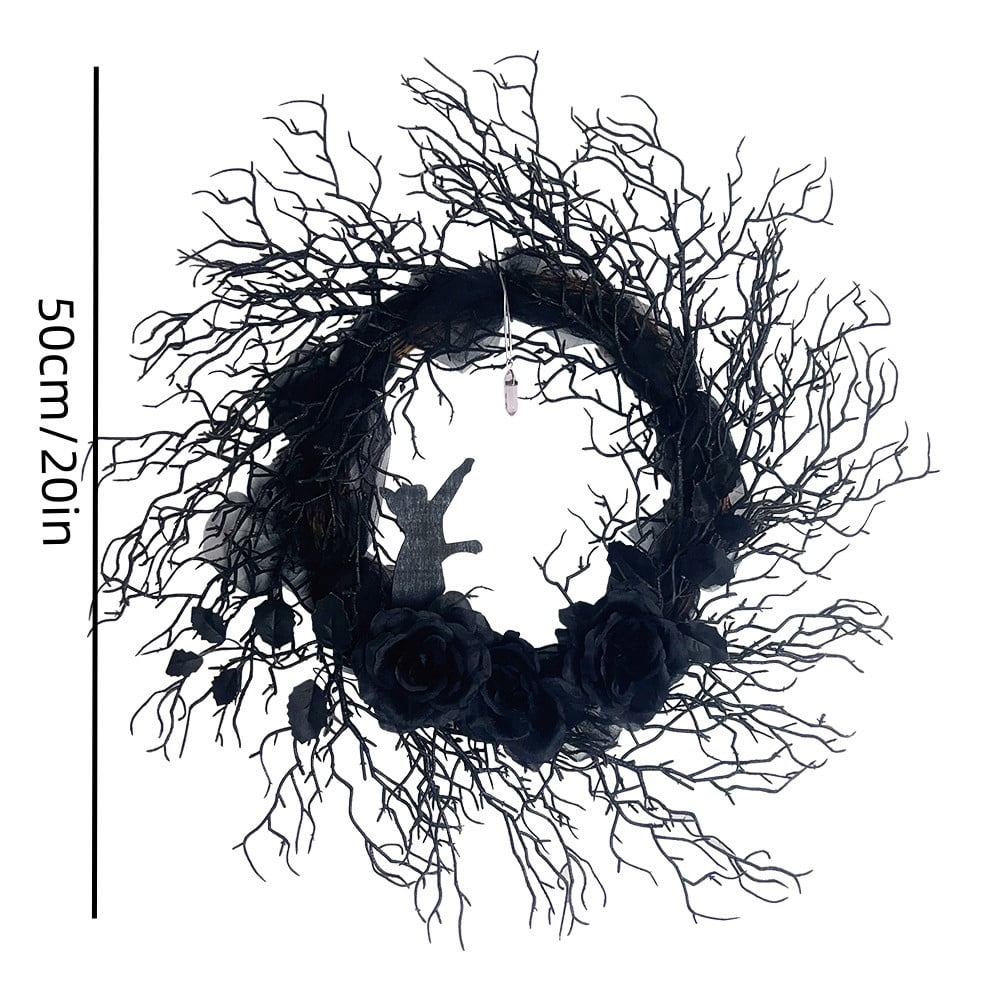 Dark Gothic Halloween Wreath 16 Inch Black Roses Ghost Crystal Door Decor