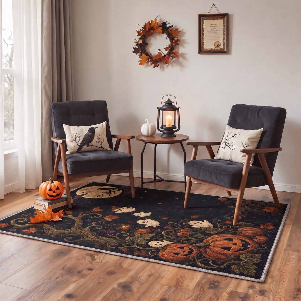 GENIMO 5'x7' Halloween Area Rug for Living Room, Washable Non Slip Soft Vintage Pumpkin Indoor Rug for Bedroom Dining Room Home Office, Antique Moss