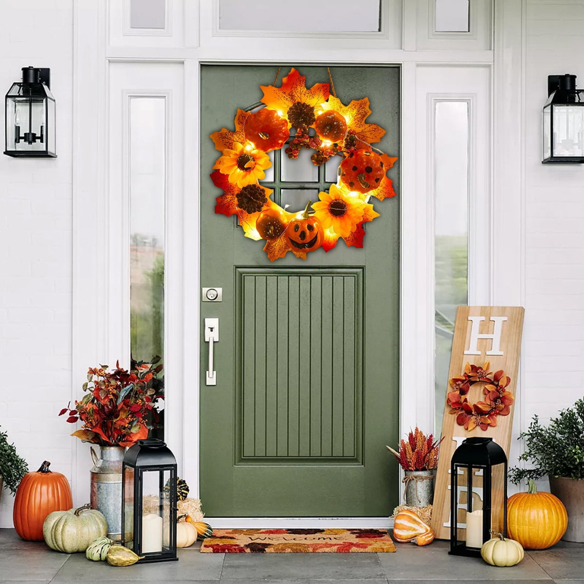 Halloween Wreath Festival Decoration Maple Leaf Pumpkin Wall Hanging Arrangement Harvests Festival Door Hanging Fall Decor for Fireplace Porch Table 11.81 in