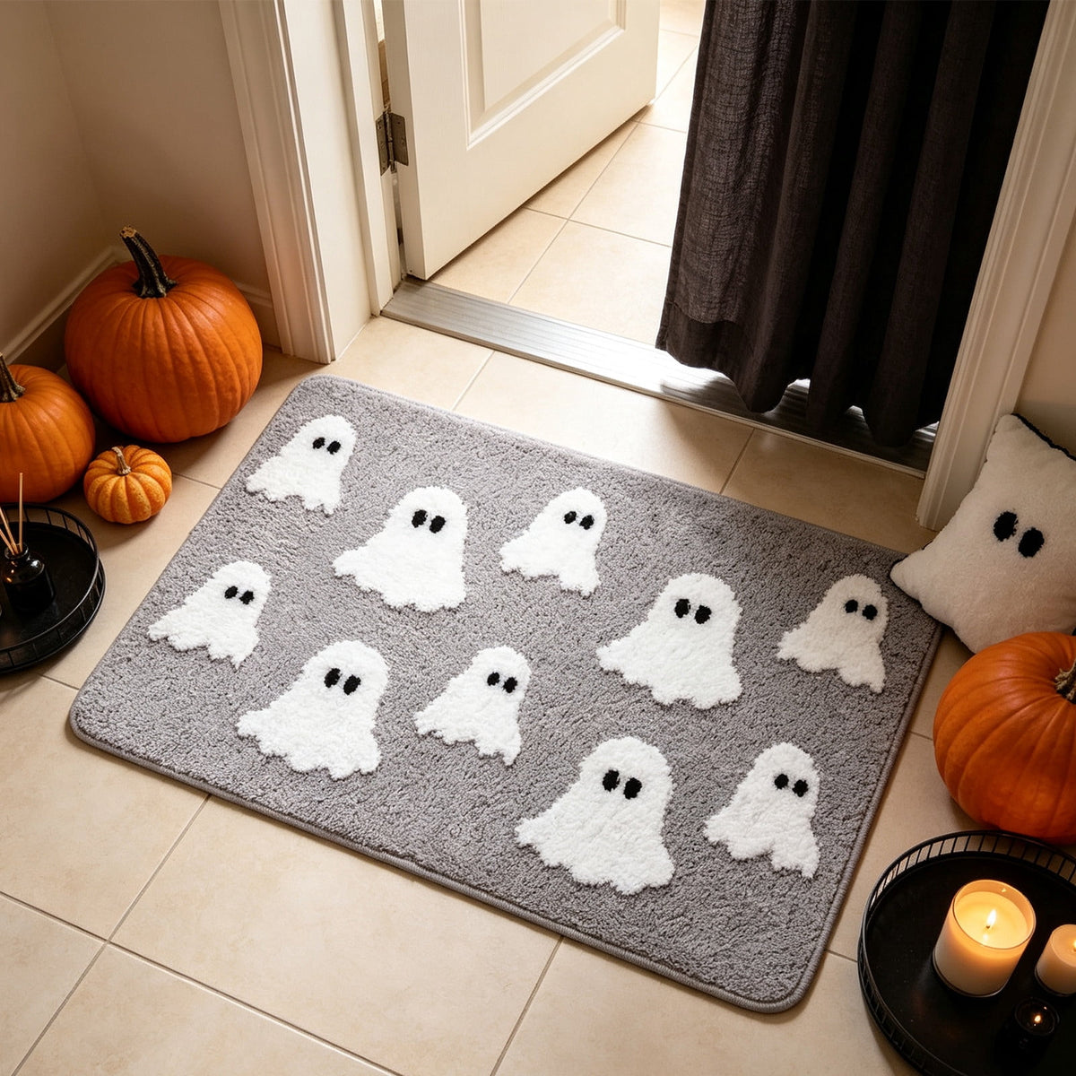 Halloween Ghost Door Mat, Cute Welcome Mat for Front Door Porch Entryway Haunted Outdoor Decor Spooky Decorative Entrance Doormat Non Slip Halloween Rug, 16" x 24"