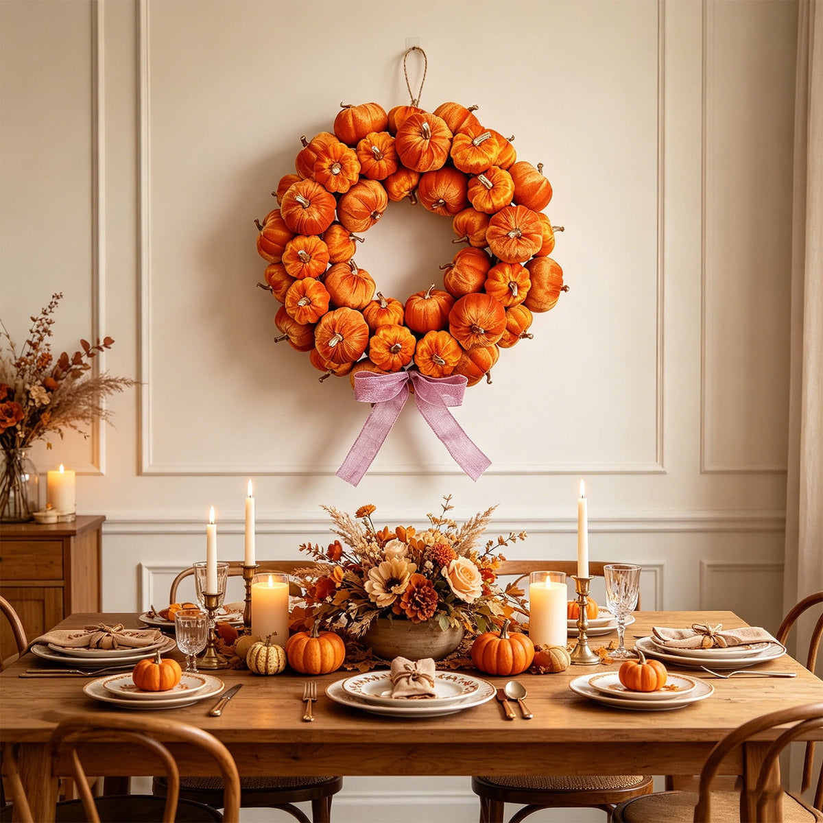 Deeceymbur Artificial Fall Pumpkin Wreath with Bow Harvest Front Door Halloween Thanksgiving Wall Decor