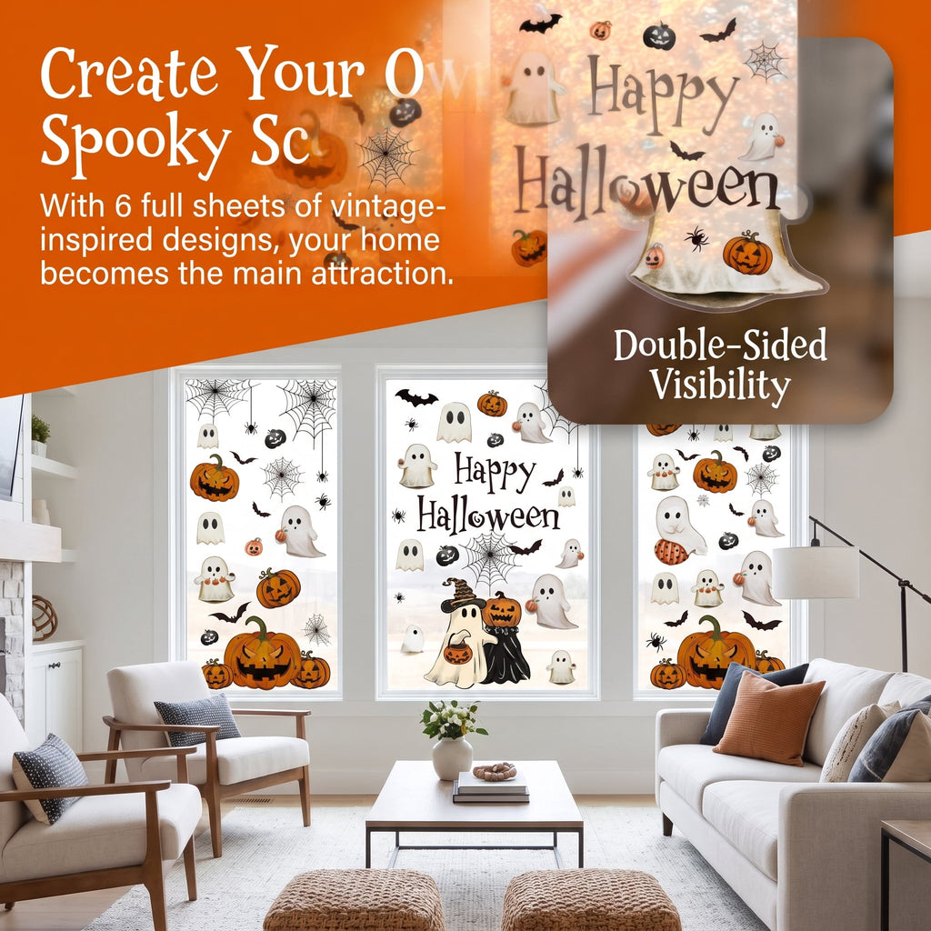 Halloween Window Clings Vintage Ghost Evil Pumpkin Bat Reusable Window Decals for Halloween Fall Party Supplies Home Glass Decor(6 Sheets)