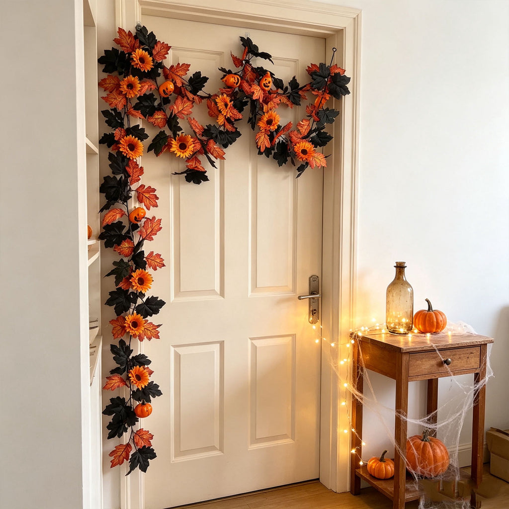 Chmadoxn 78.74" Halloween Thanksgiving Maple Leaf Garland with Mini Pumpkins & Berries, Artificial Fall Leaves Vine for Mantel Staircase Porch, Autumn Harvest Hanging Home Decor