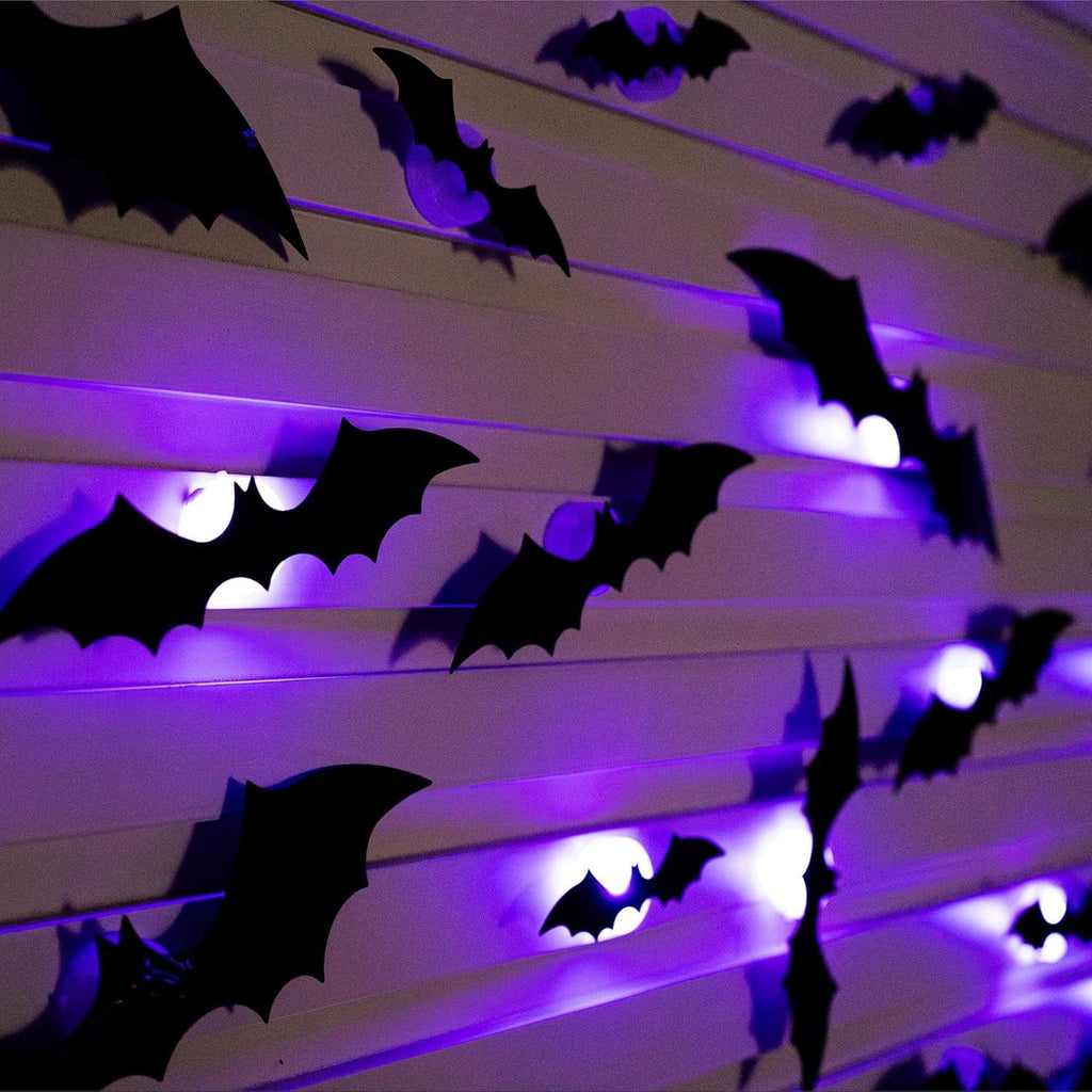 CQHVKQ 36 PCS Halloween Bats Decorations, Realistic 3D LED Bats Wall Stickers Decor, Assorted Size Removable Lighted PVC Bats DIY Wall Sticker for Halloween Party, Bedroom, Home, Indoor and Outdoor