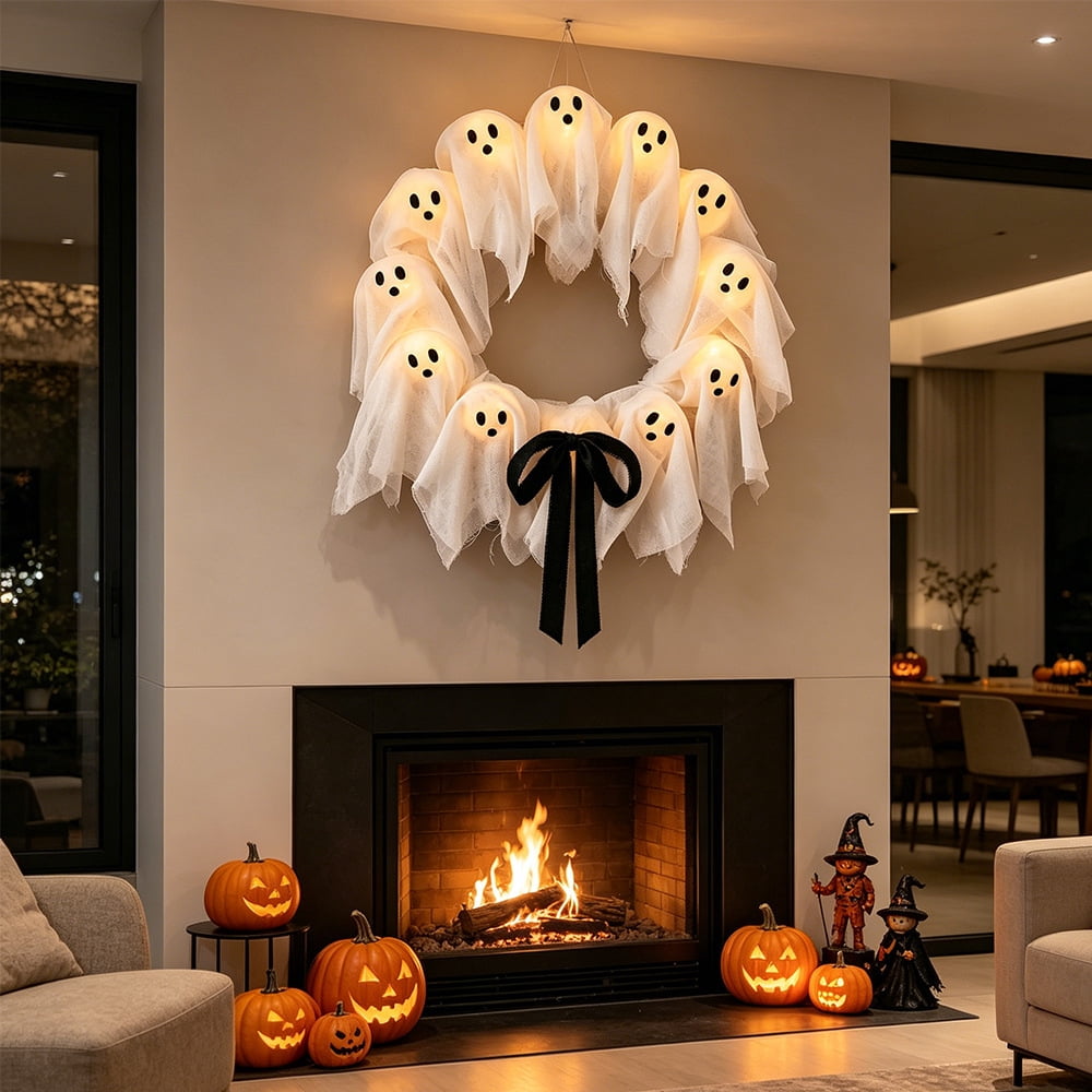 Halloween Decorations Outdoor Cute Ghost Wreath, Halloween Decor Indoor, For Front Door Porch Window Wall