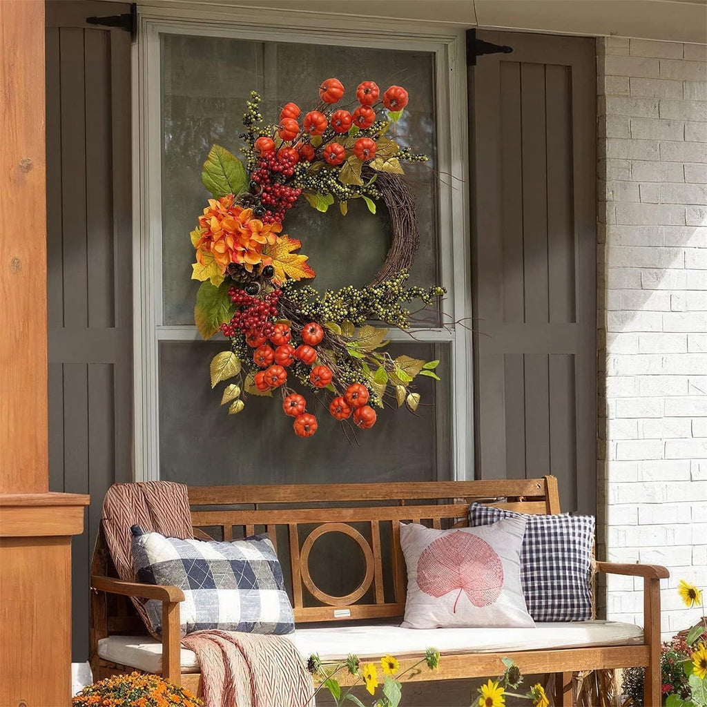 Autumn Wreath 14 Inch Fall Decor for Home Front Door with Artificial Maple Leaf Pumpkin Berry Pinecone Harvest Thanksgiving Halloween Farmhouse Seasonal Decorations Indoor Outdoor,