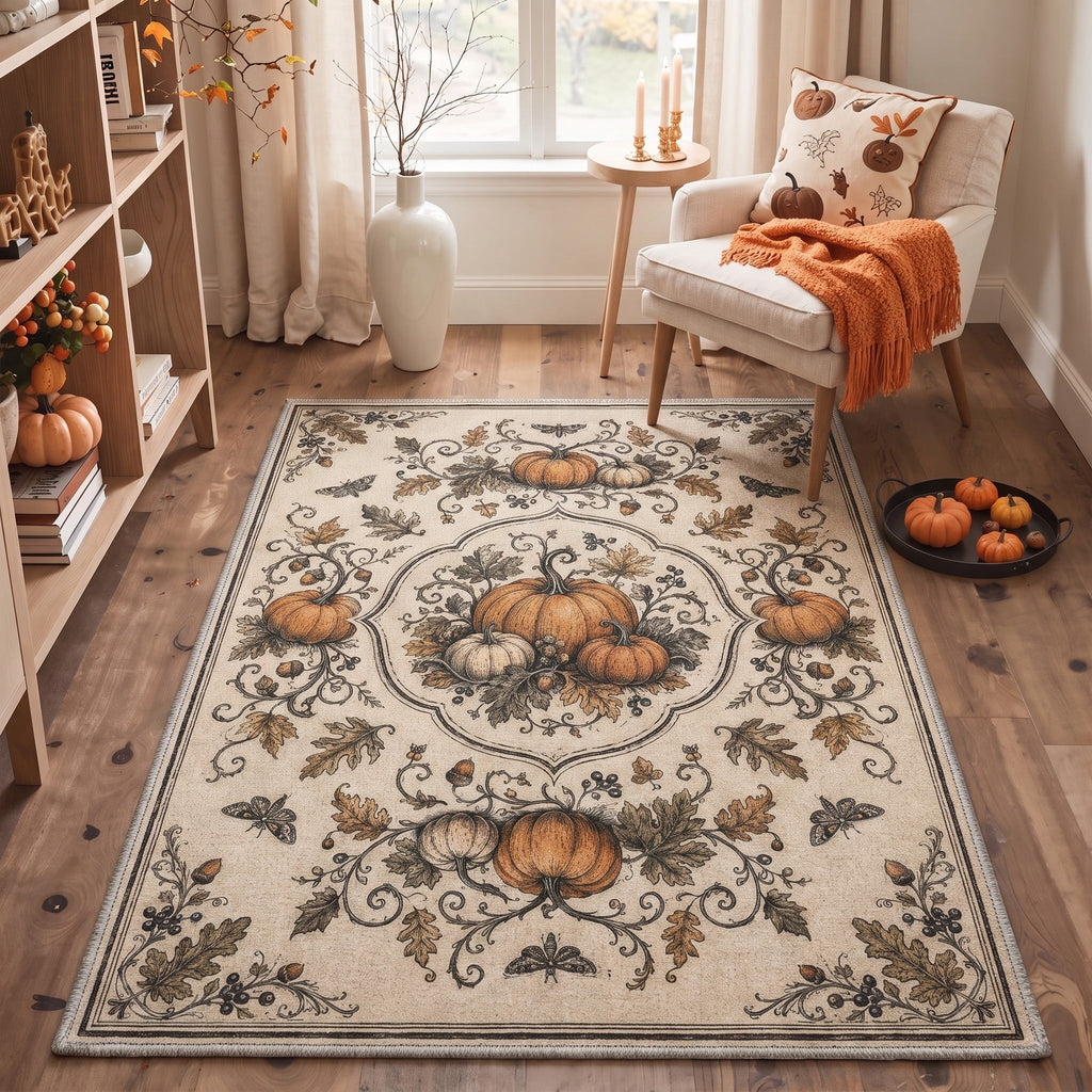 GENIMO 5'x7' Halloween Area Rug for Living Room, Washable Non Slip Soft Vintage Pumpkin Indoor Rug for Bedroom Dining Room Home Office, Antique Moss