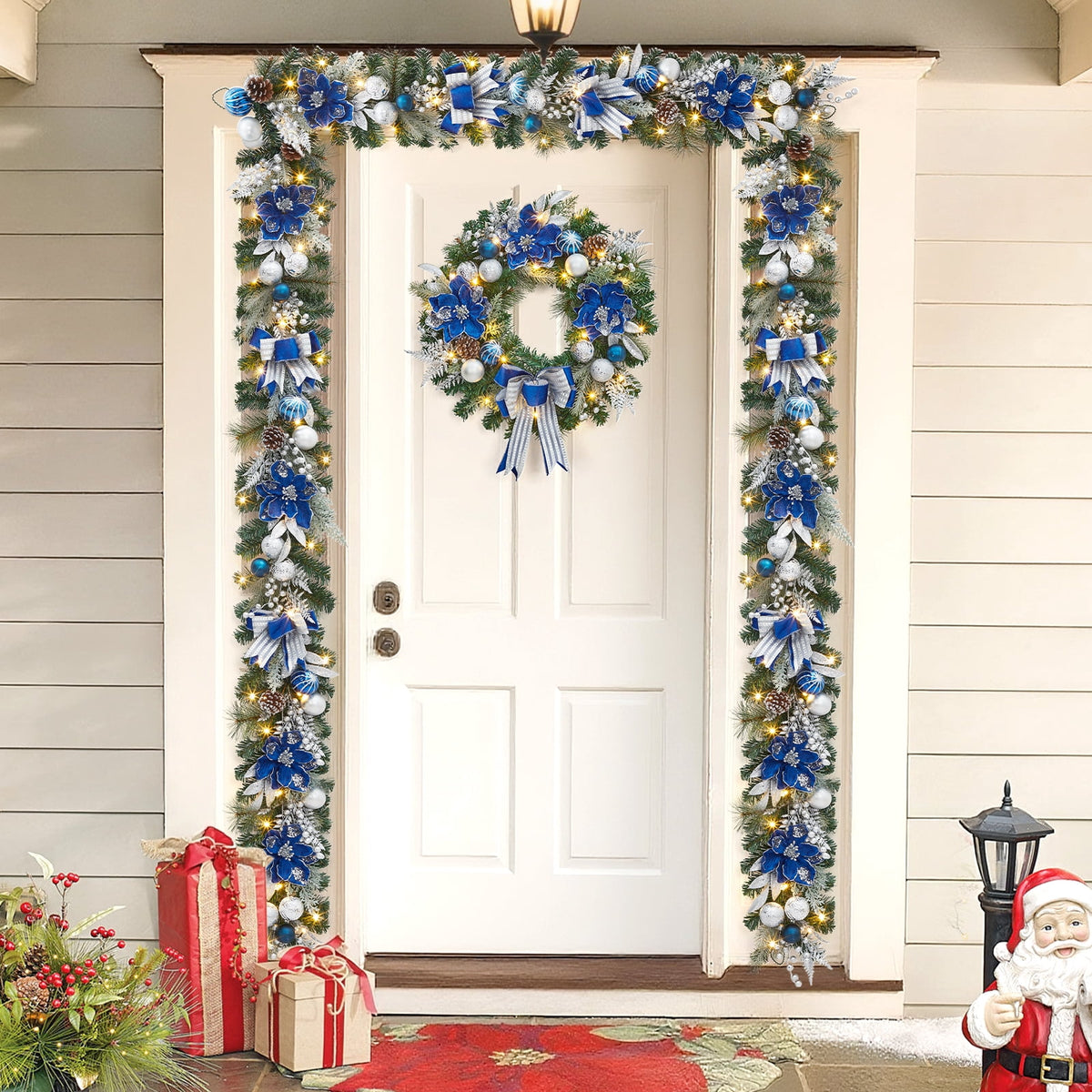 JoanKaren 24 inch Large Christmas Wreath Silver White with 20 LED Lights,Prelit Xmas Wreath w/ Ball Ornaments Pine Cone