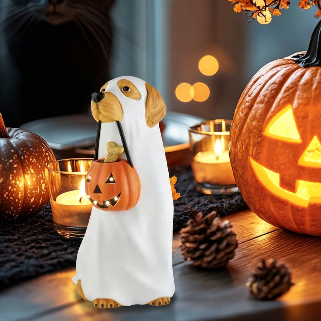 Halloween Ghost Figurine, Ghost Girl with Pink Bow & Hot Drink, Funny Ghost Statue Halloween Decor for Gift, Cute Spooky Tabletop Ornament for Home, Mantle, Desk & Party Decoration