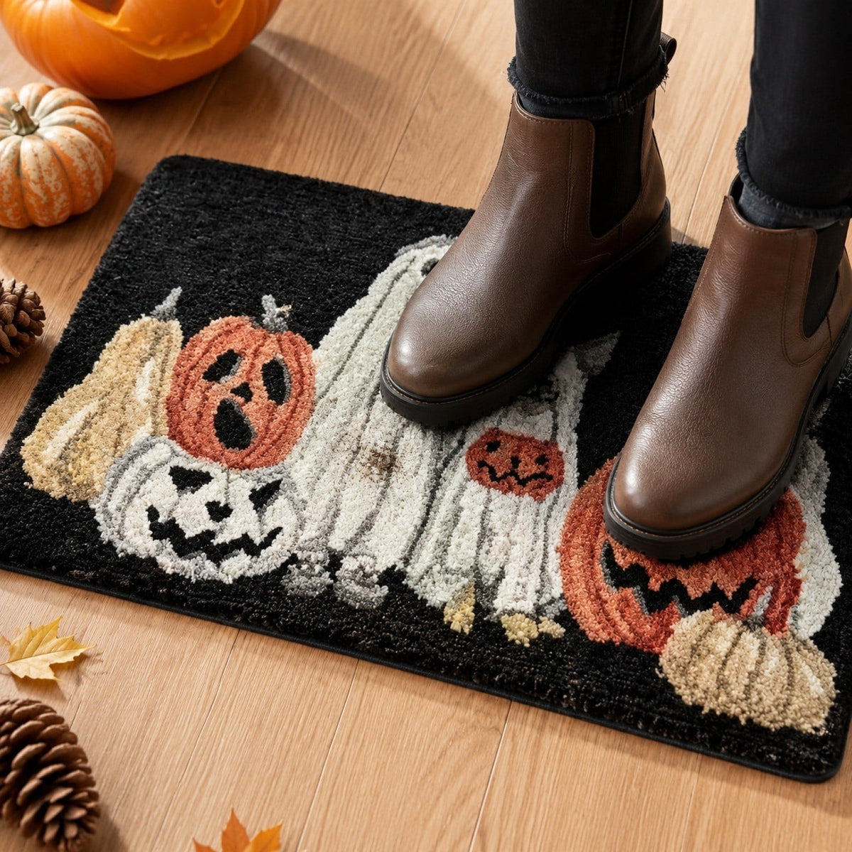 Fllostpr Halloween Pumpkin & Crow Welcome Doormat for Front Door, Non-Slip Vintage Brown Coir Floor Mat for Outdoor Porch Entryway Decor,16x24 Inch