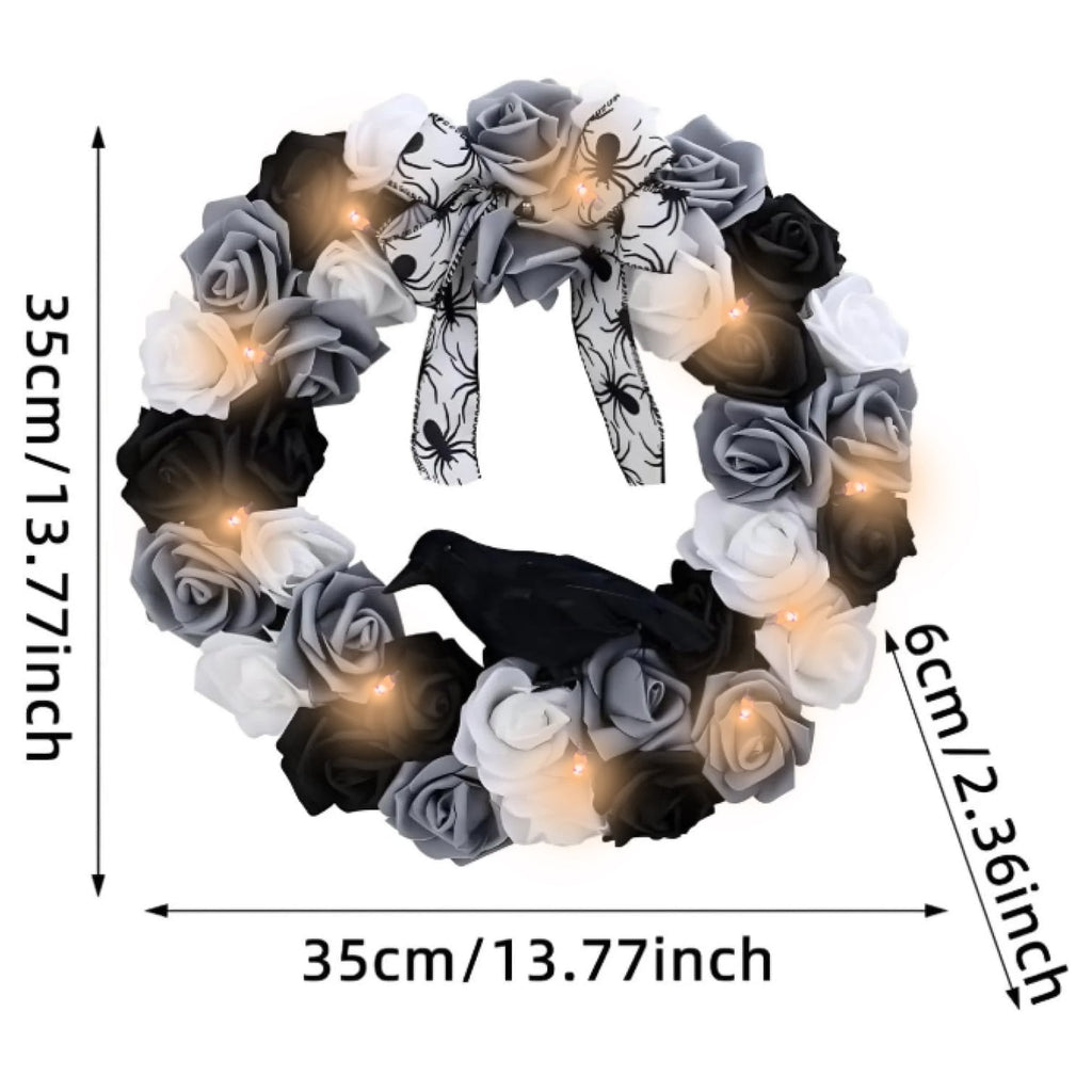 Halloween Decorative Wreath with Crow Roses Lights,13.7" Black White Flowers Gothic Garland for Wedding,Creepy Decor Pendant,Wreath for Front Door Porch Window, Indoor Outdoor Home Halloween Decor