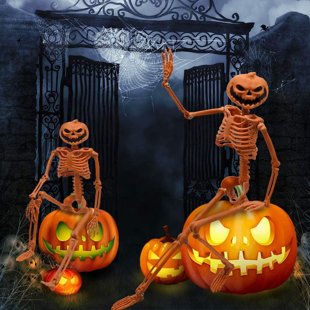 2 Packs Halloween Pumpkin Skeleton Decorations with Posable Joints Skeletons for Halloween Party Front Door Haunted House Props Decorations