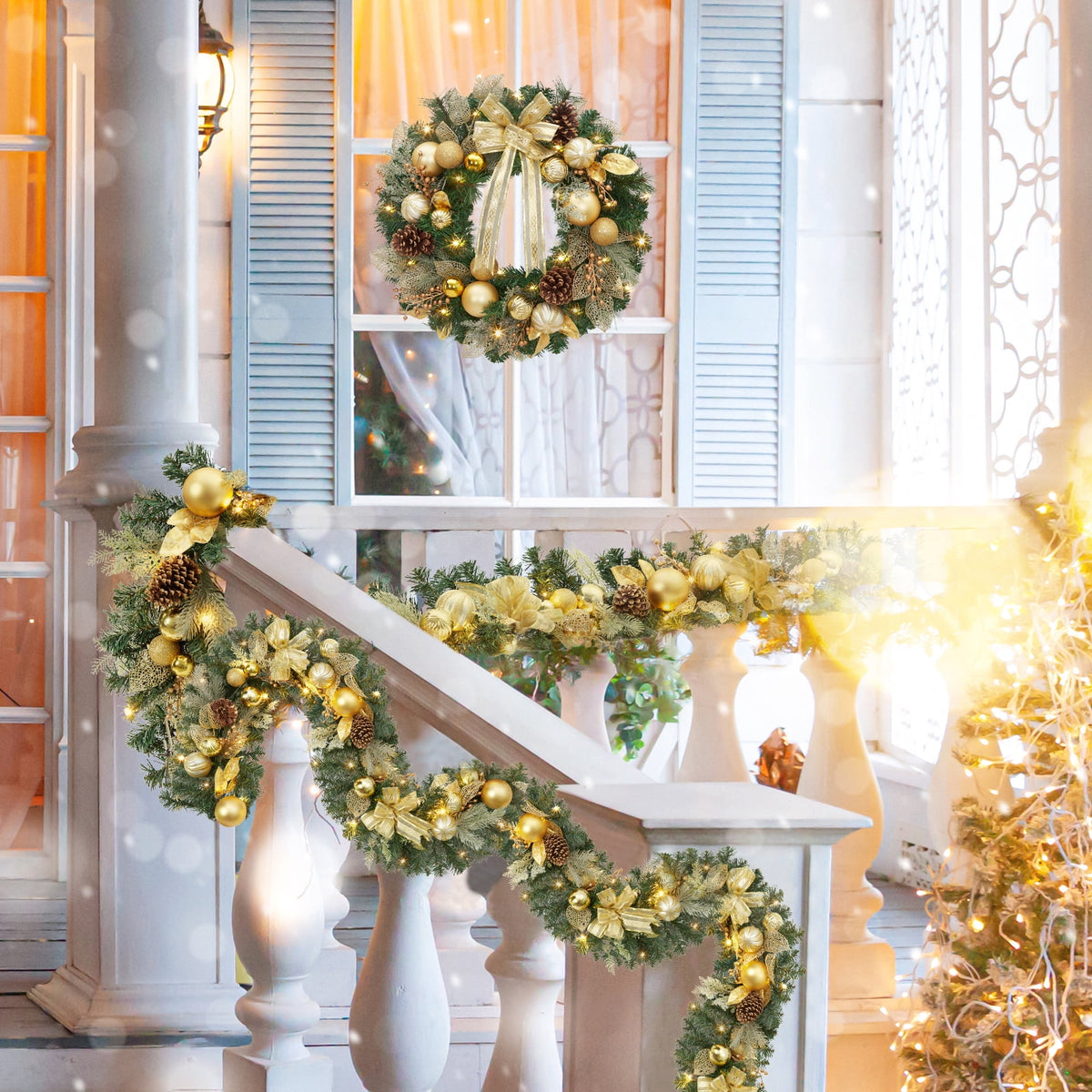 JoanKaren 24 inch Large Christmas Wreath Silver White with 20 LED Lights,Prelit Xmas Wreath w/ Ball Ornaments Pine Cone