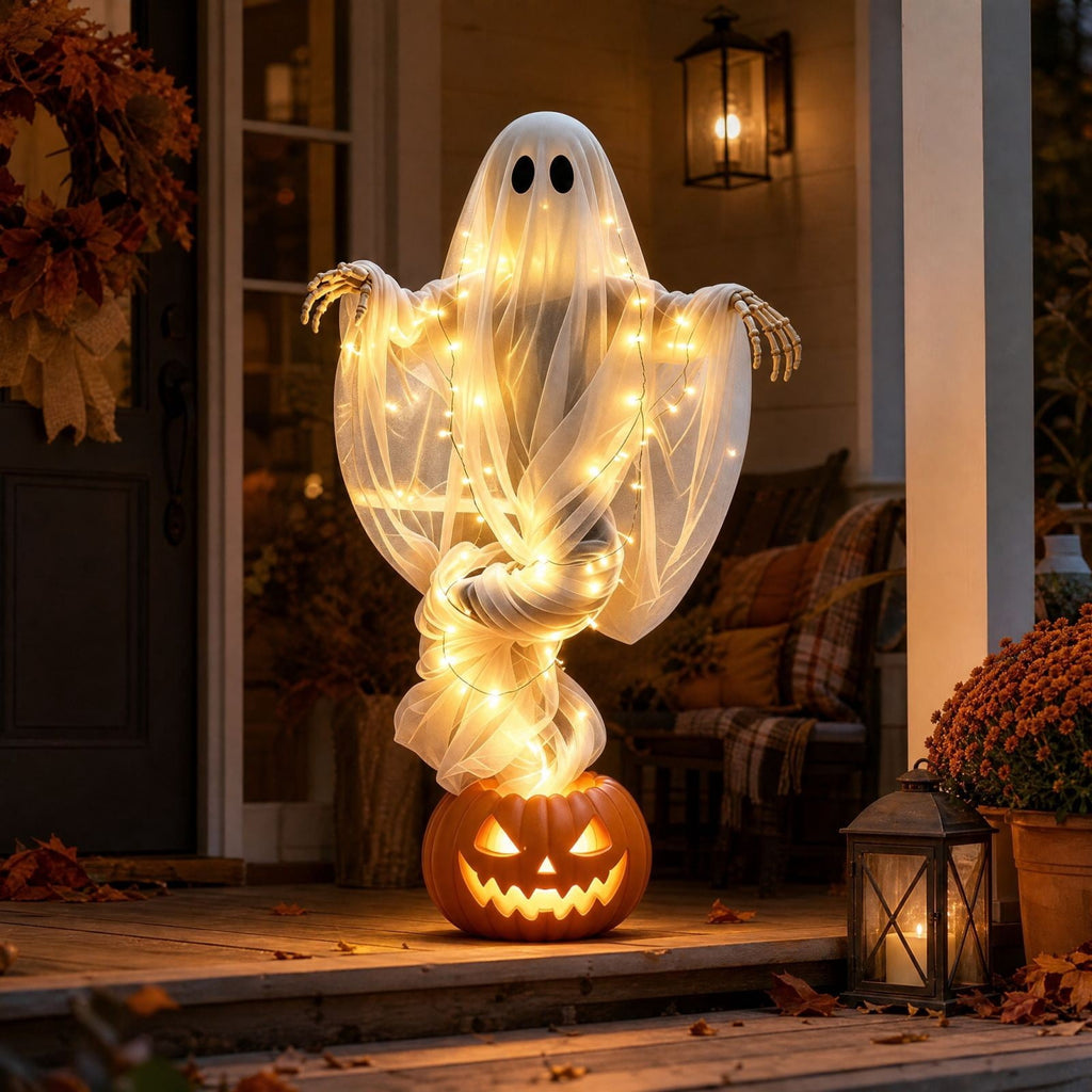 Elainilye Swirling Ghost Pumpkin Yard Lamp, Lighted Spooky Ghost Statue, Warm LED Halloween Decorations Indoor Outdoor, Fall Autumn Garden Ornament for Halloween Party Decoration