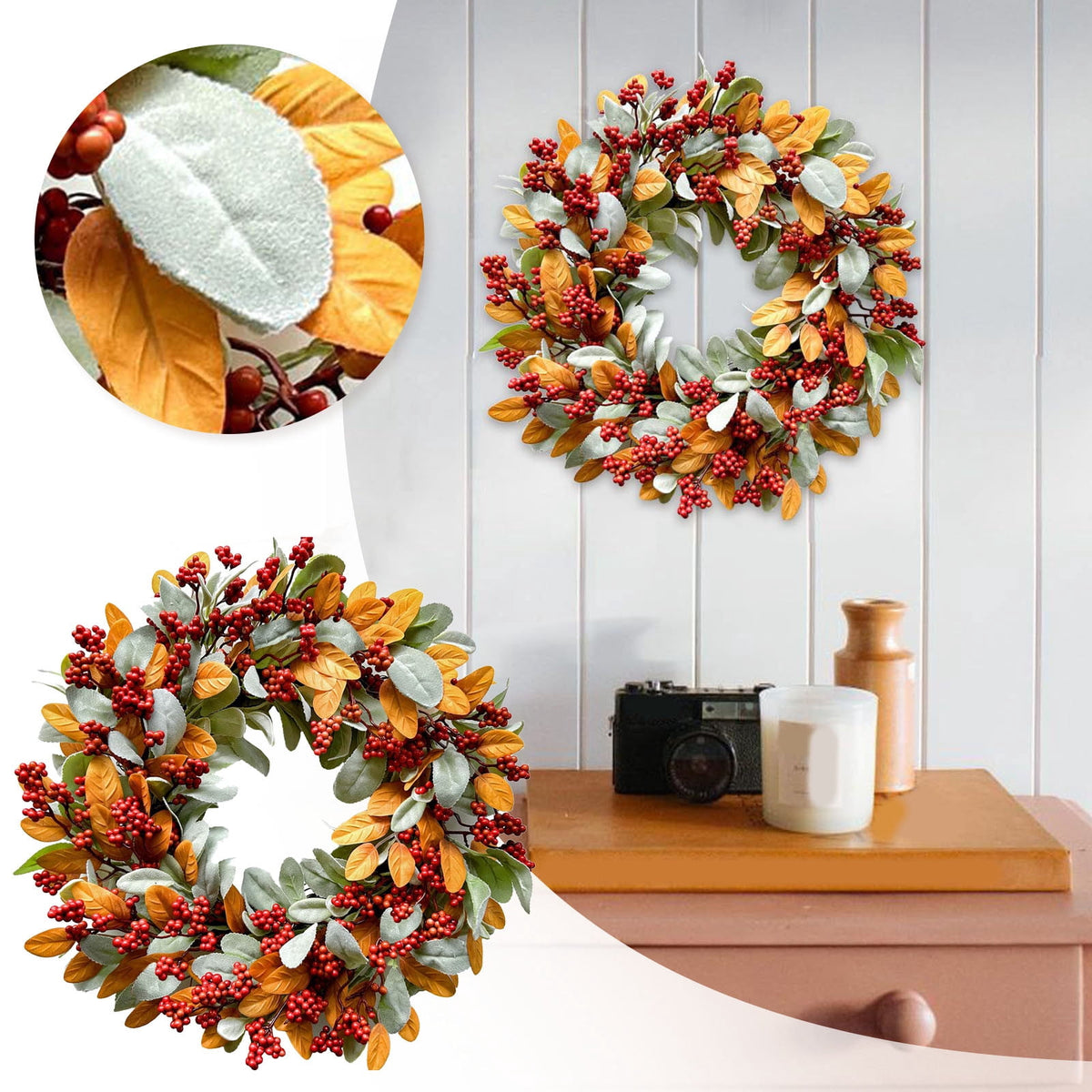 18 Inch Autumn Wreath for Front Door with Lamb Ear Leaves and Red Berries Artificial Fall Decor for Thanksgiving Halloween Harvest Festival Farmhouse Home Outdoor Indoor Window Wall Decorations