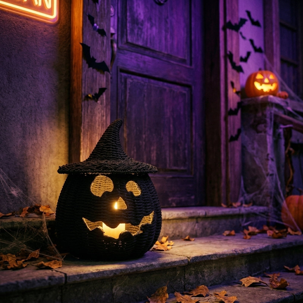 THOPBPRK 2026 Black Halloween Woven Pumpkin Jack-O'-Lantern, Halloween Decorations Pumpkin, USE LED Candle, Rattan Fall Halloween Decor for Home, 1Pack 11.8 Inch A