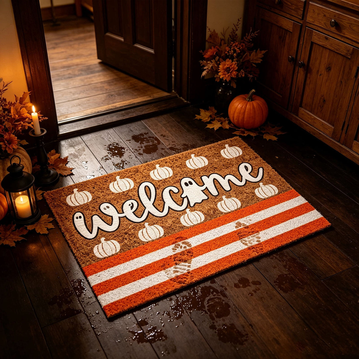 Fllostpr Halloween Pumpkin & Crow Welcome Doormat for Front Door, Non-Slip Vintage Brown Coir Floor Mat for Outdoor Porch Entryway Decor,16x24 Inch