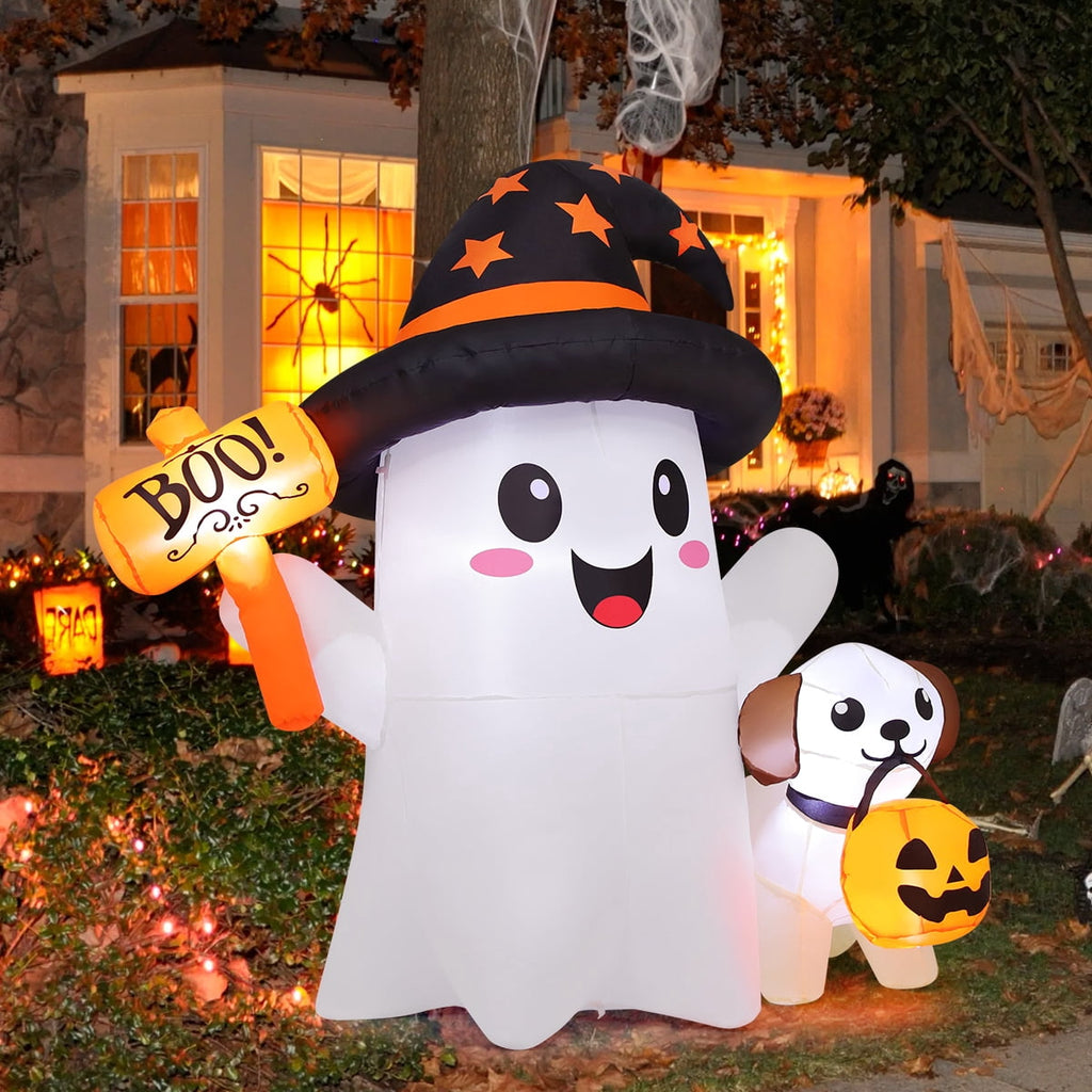 GOOSH Halloween Inflatables 5 FT Inflatable Ghost and Puppy with Built-in Led Lights, Cute Ghost Inflatable Wearing Witch Hat, Outdoor Halloween Decorations Blow up Ghost for Halloween Holiday Party