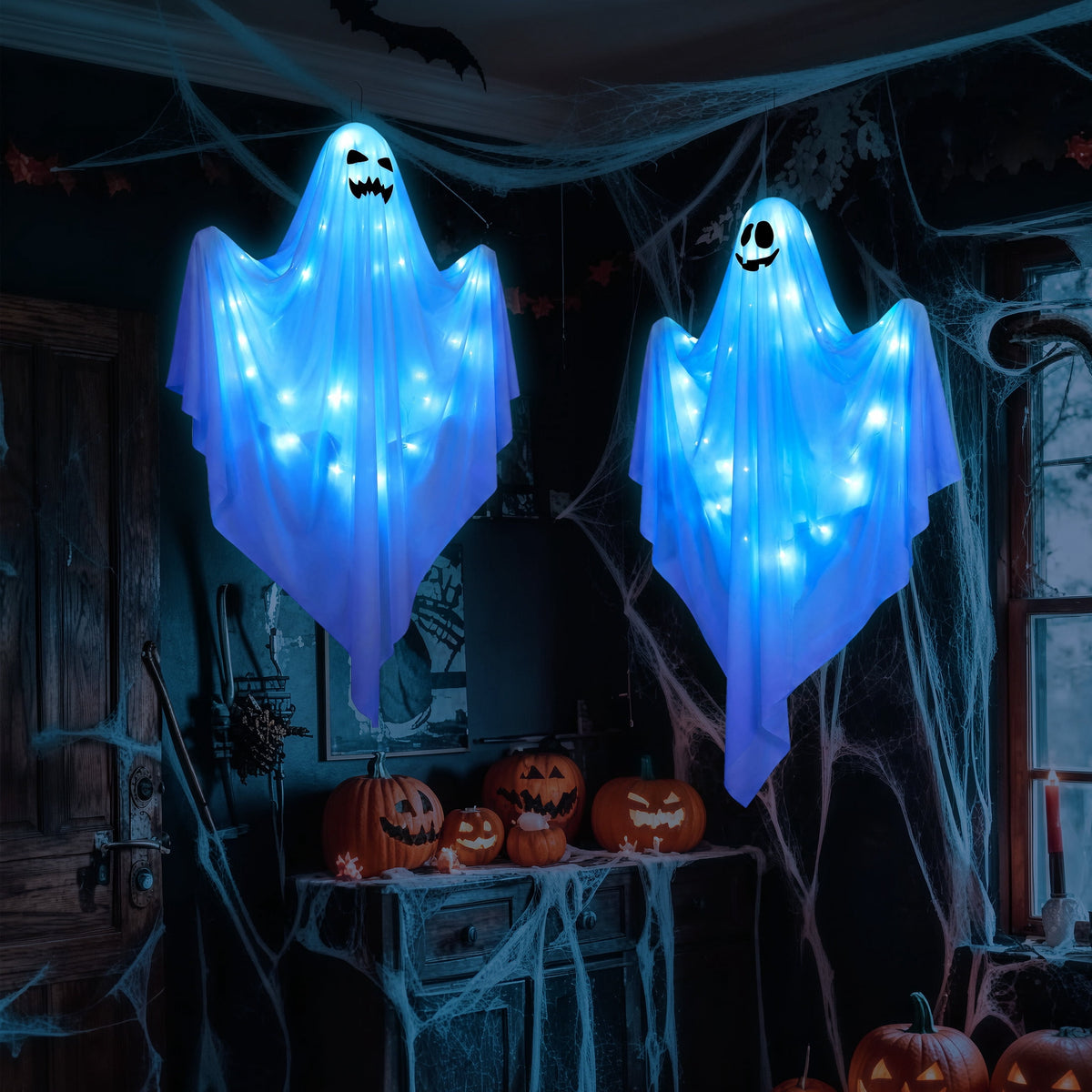 Scidweet Halloween Ghost Decor, 2 Pack 48" Light up Hanging Halloween Ghosts Blue LED Light Yard Garden Porch Outdoor Decorations