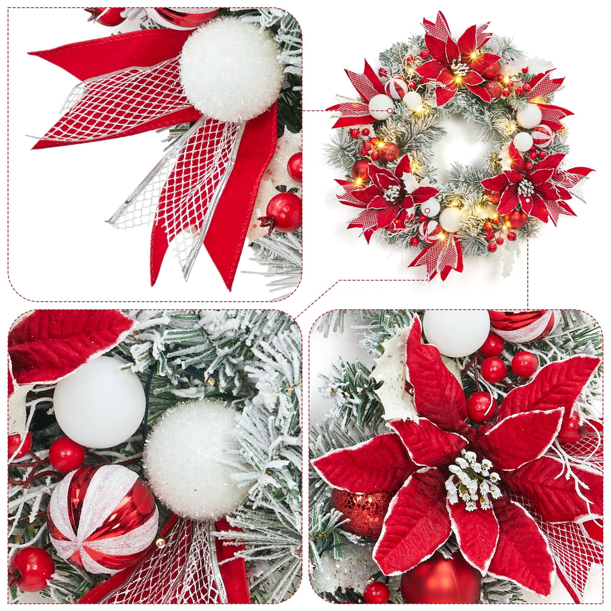 JoanKaren 24 inch Large Christmas Wreath Silver White with 20 LED Lights,Prelit Xmas Wreath w/ Ball Ornaments Pine Cone
