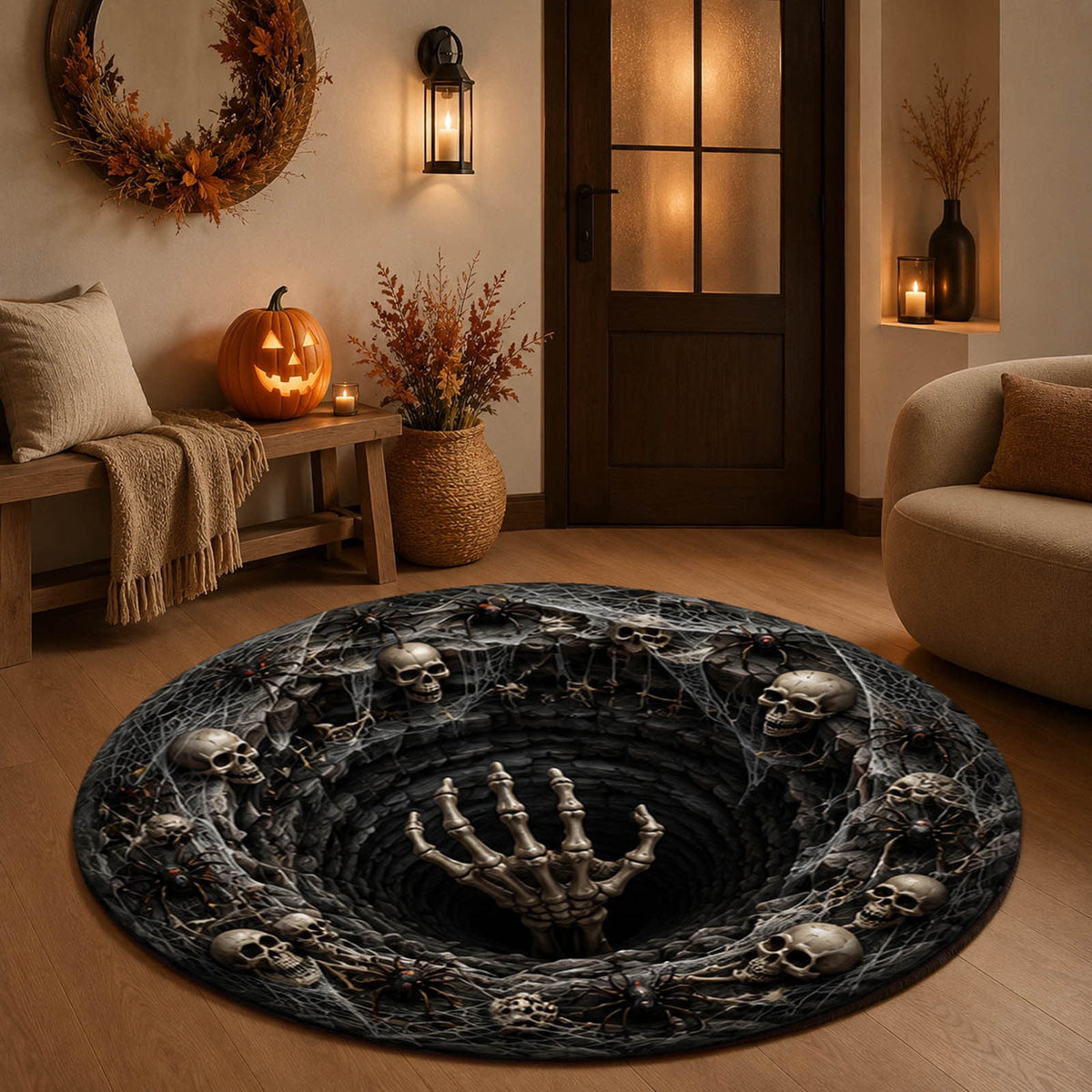 Win s Way 3D Illusion Round Halloween Rug Optical Illusion Doormat Non- Washable Entryway Decor Spooky Fall Front Door Mat for Party Decoration Available in 15.8/23.6/31.5 Inch