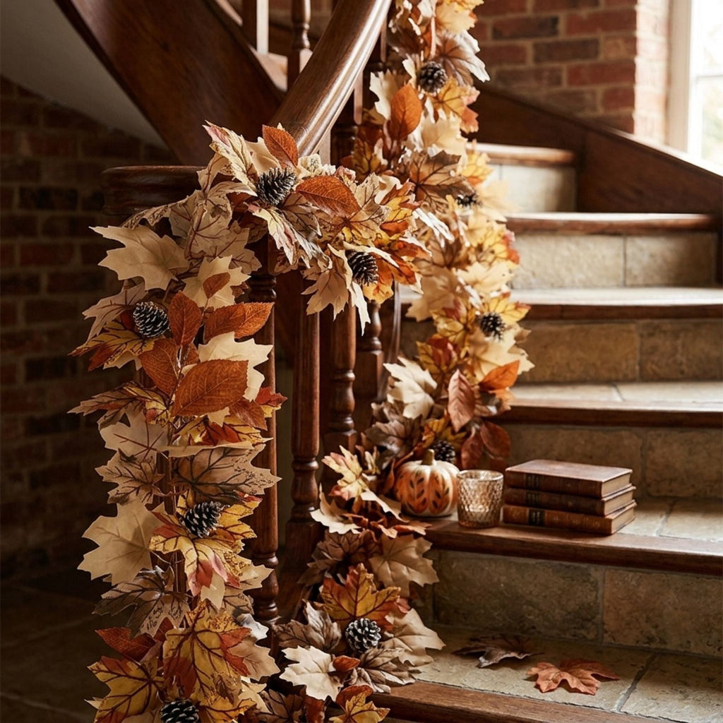 Chmadoxn 78.74" Halloween Thanksgiving Maple Leaf Garland with Mini Pumpkins & Berries, Artificial Fall Leaves Vine for Mantel Staircase Porch, Autumn Harvest Hanging Home Decor