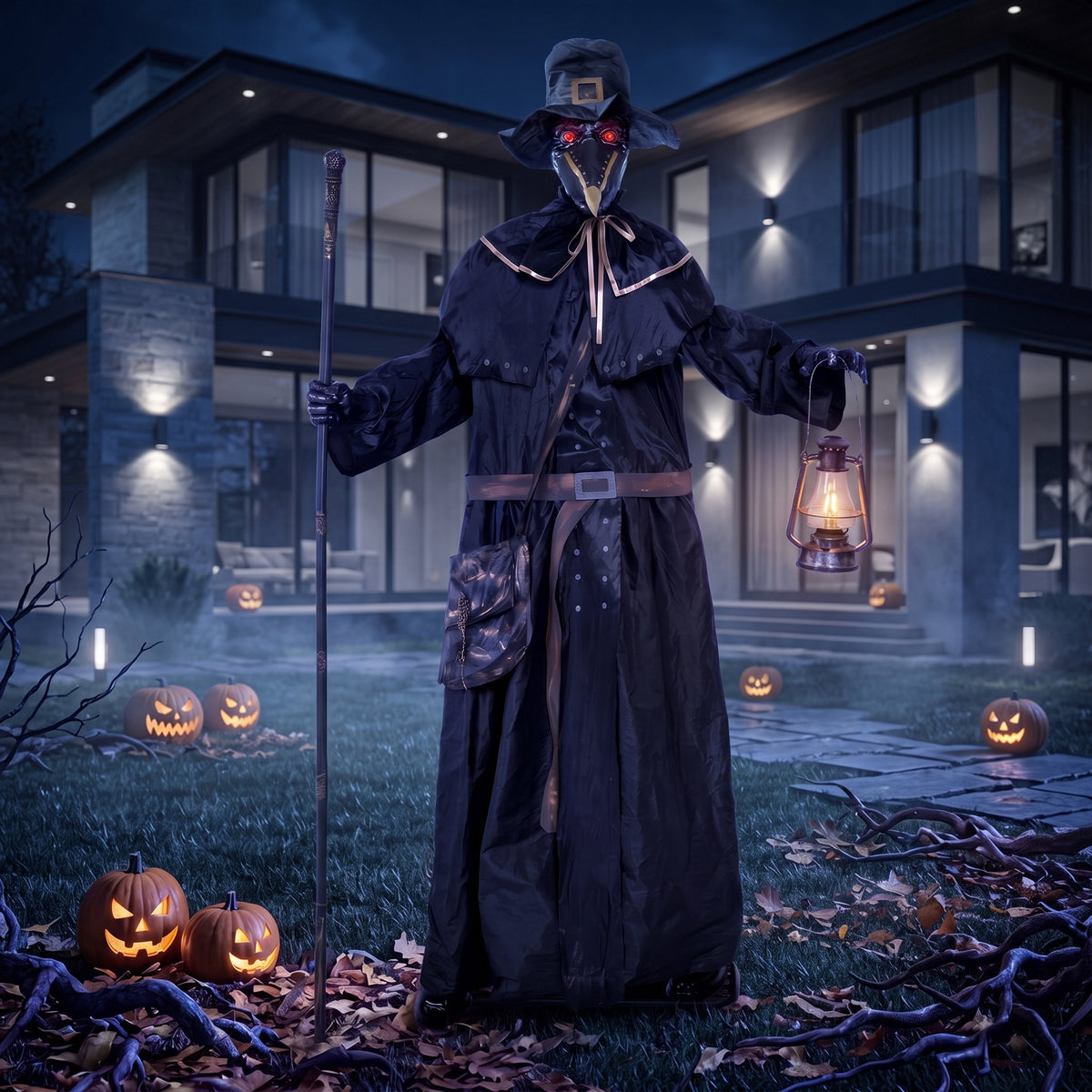 Joyfy 6.2 FT (74.8") Halloween Decoration Outdoor Animatronic Ghost Doctor, Sound Activated Life-Size Standing Ghost with Rotating Head, LED Eyes & Lantern, for Scary Haunted House,Yard Decor
