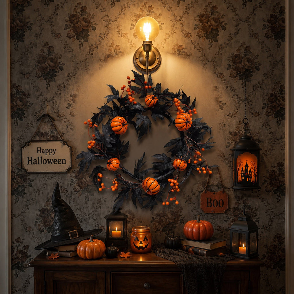 Gcvizuso Halloween Crescent Floral Wreath, Orange Red Rose Hydrangea Fall Front Door Decor for Autumn Harvest Celebration