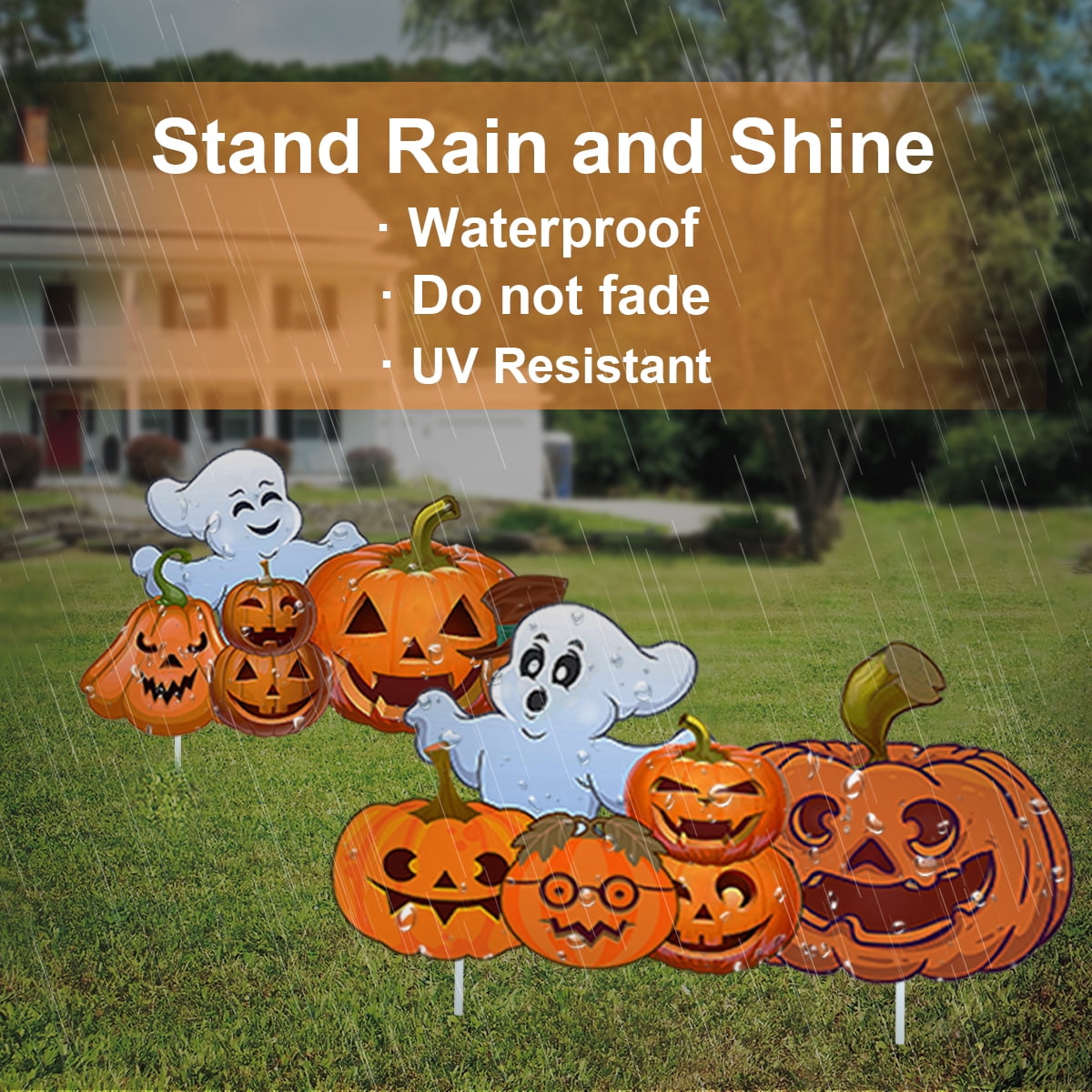 GameXcel Halloween Decorations Outdoor Yard Signs with Stakes, 34.8 in Tall Vertical Pumpkin and Ghost Decor, Weather-Resistant, 2 Count