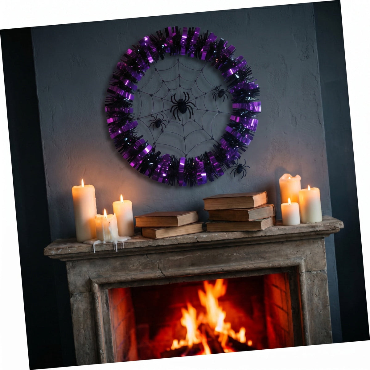 Halloween Wreaths for Front Door, Purple Black Tinsel Wreath with Spider Web & Spider Ornaments Front Door Hanging Decor for Party Home Porch