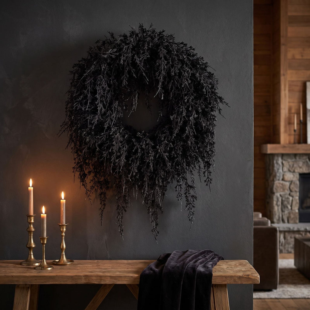 Black Halloween Wreath for Front Door, 16 Inch Twig Wreath with Velvet Bow, Gothic Fall Farmhouse Decorative Wreath for Porch Mantel Entryway Home Decor