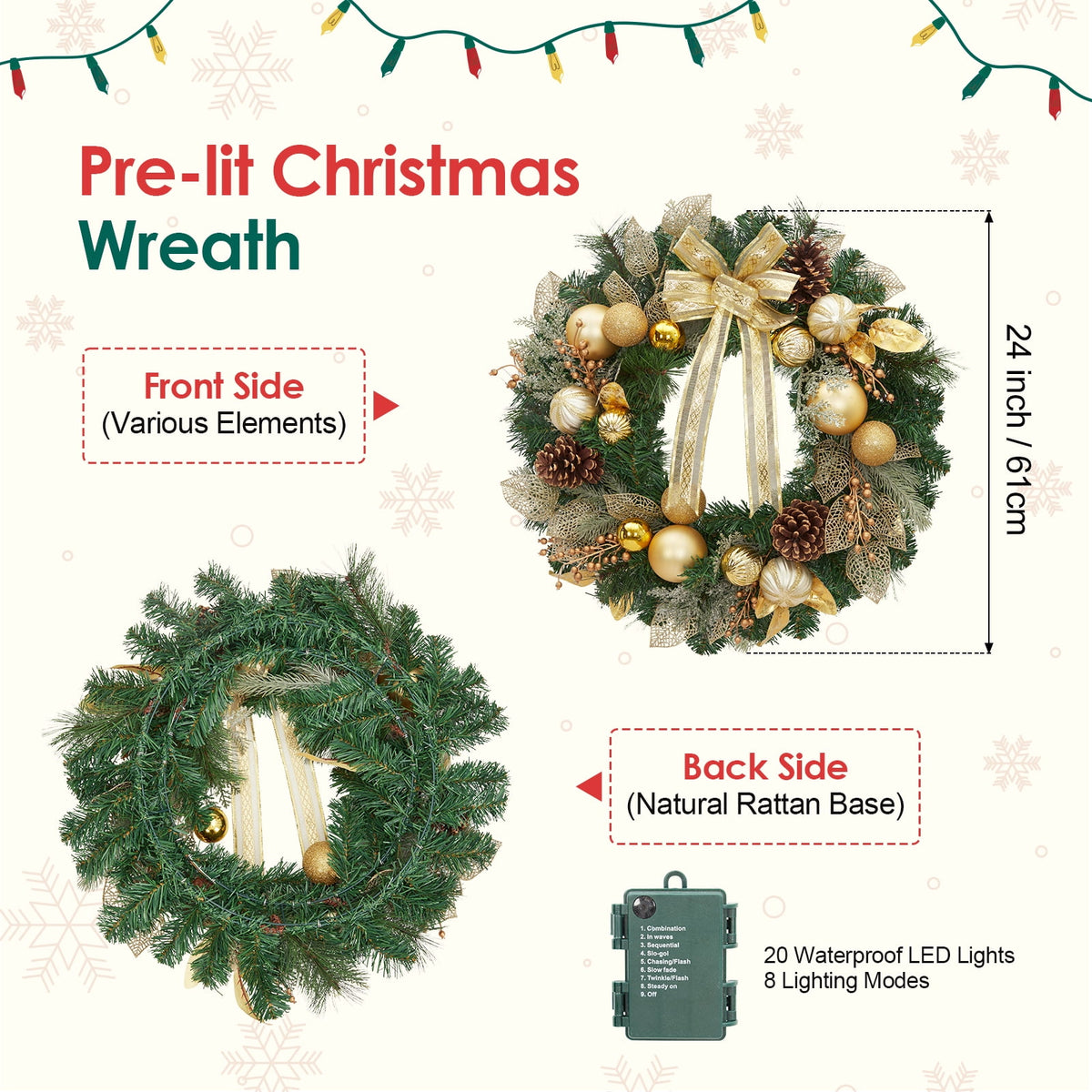 JoanKaren 24 inch Large Christmas Wreath Silver White with 20 LED Lights,Prelit Xmas Wreath w/ Ball Ornaments Pine Cone