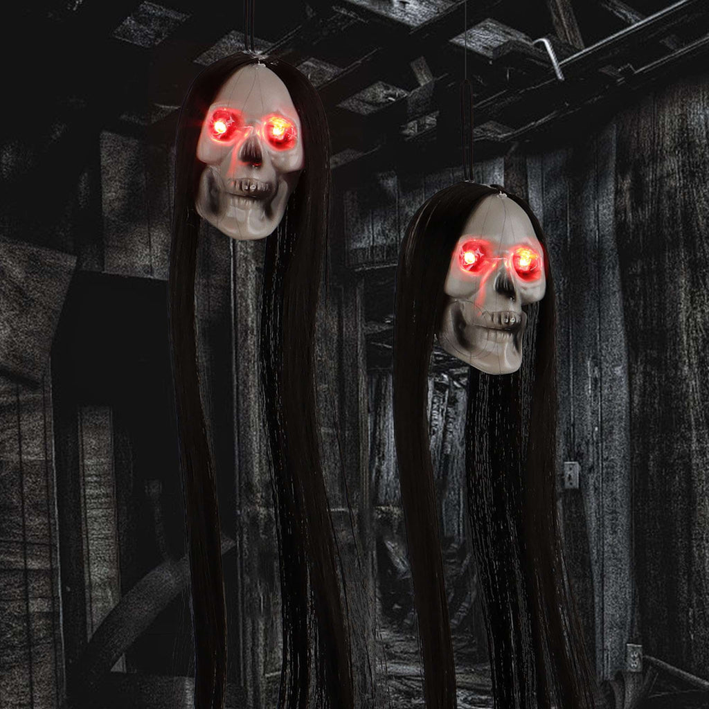 Deago 2 Pack Halloween Hanging Skeleton Ghost Decorations - 20" Led Light Up Red Eyes Hanging Grim Reapers with Hair for Halloween Indoor Outdoor Decoration