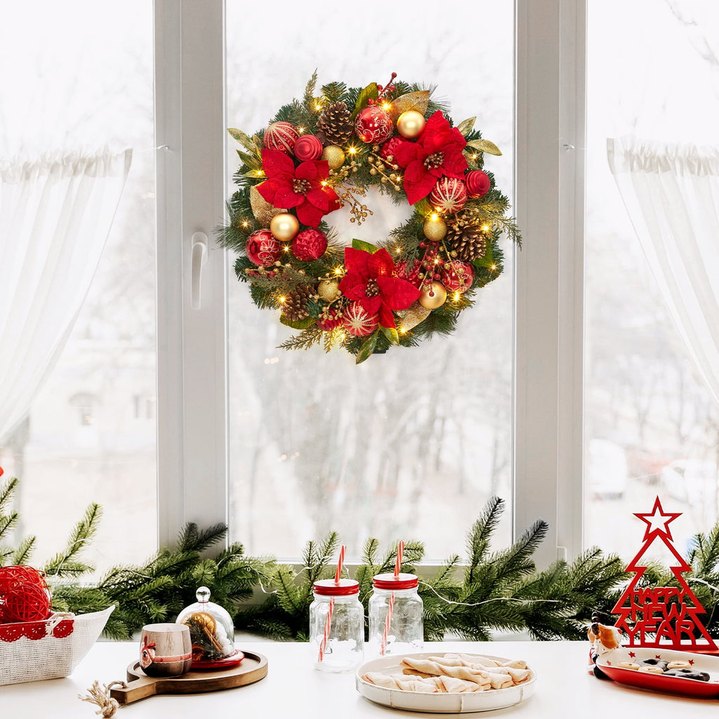 JoanKaren 24 inch Large Christmas Wreath Silver White with 20 LED Lights,Prelit Xmas Wreath w/ Ball Ornaments Pine Cone