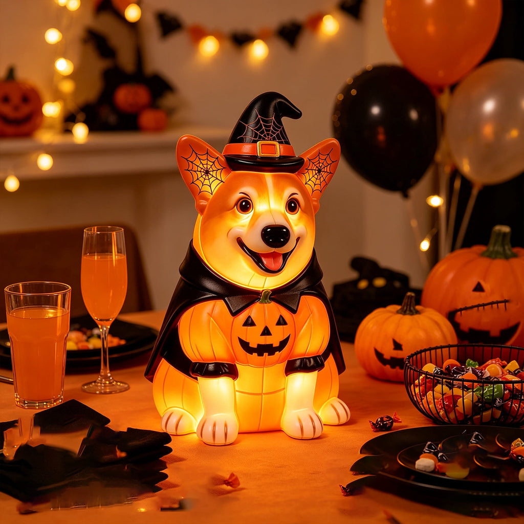 Clearance! Halloween Light‑Up Dog Figurine, 7.9in Scarecrow Dog Statue with Glowing Pumpkin, Waterproof Resin Table Yard Decor