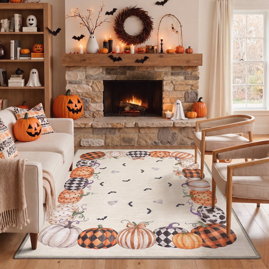 KUETH 3'x5' Halloween Machine Washable Area Rug, Non-Slip Rugs for Living Room, Bedroom and Dining Room, Orange