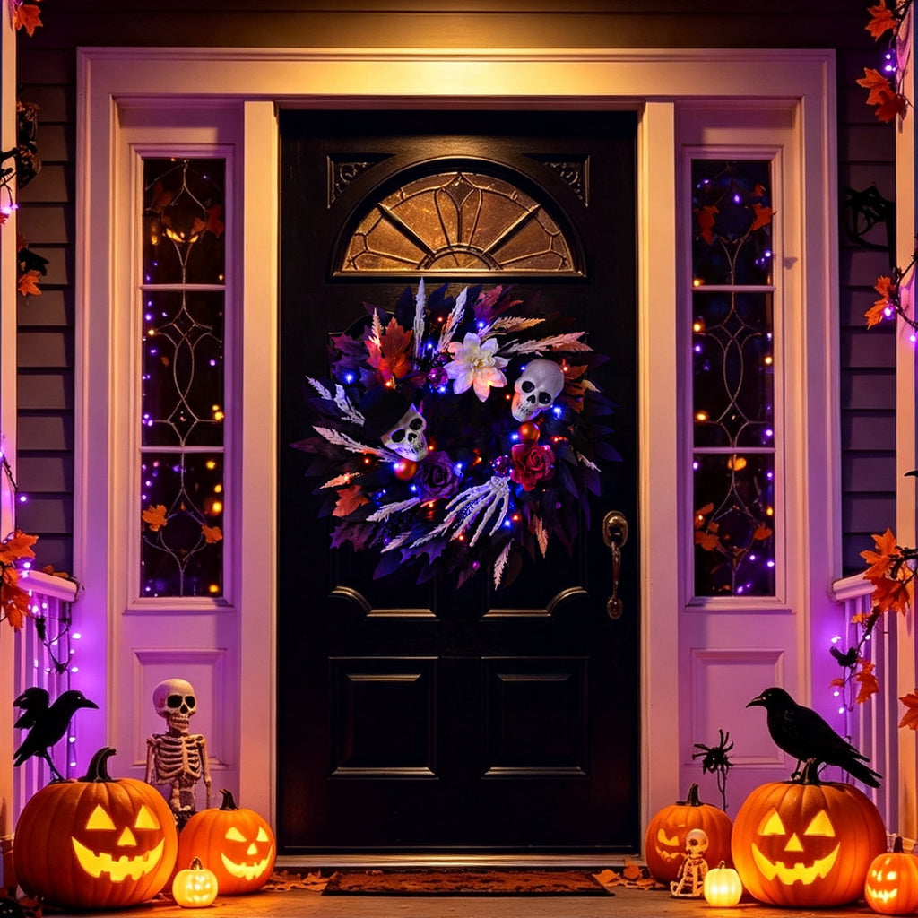 Lyacmy Halloween Wreath for Front Door Halloween Skeleton Decorations, Wreath with Skull Maple Leaves for Window Indoor Outside Home Party Decor