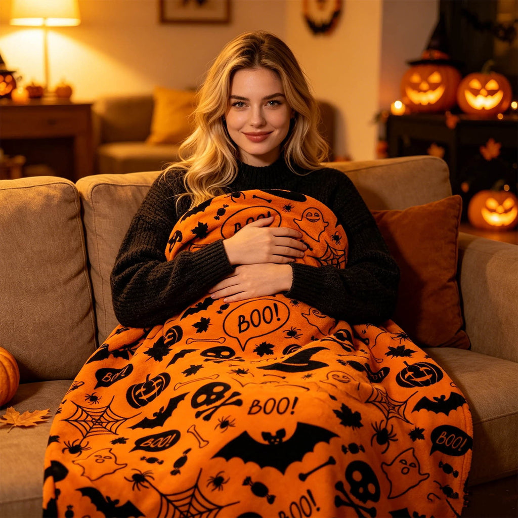 Halloween blanket,Halloween Print Throw Blanket Flannel Soft Cozy Decorative Nap Blanket with Ghost Pumpkin Skull for Office Bedroom Sofa Camping Travel(100x150cm/39x59 Inch),Black