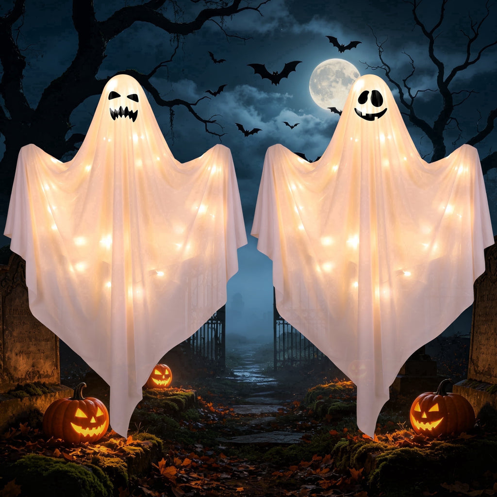 Scidweet Halloween Ghost Decor, 2 Pack 48" Light up Hanging Halloween Ghosts Blue LED Light Yard Garden Porch Outdoor Decorations