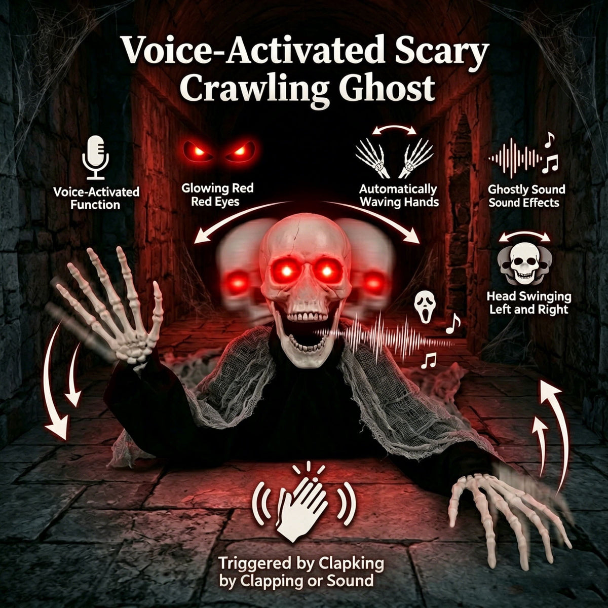 FHLFN717 Halloween Crawling Zombie - Animated Mummy Skeleton Decorations with Sound Activated, Creepy Voice, Light Up Eyes, Scary Move, Haunted Horror Prop for Indoor Outdoor
