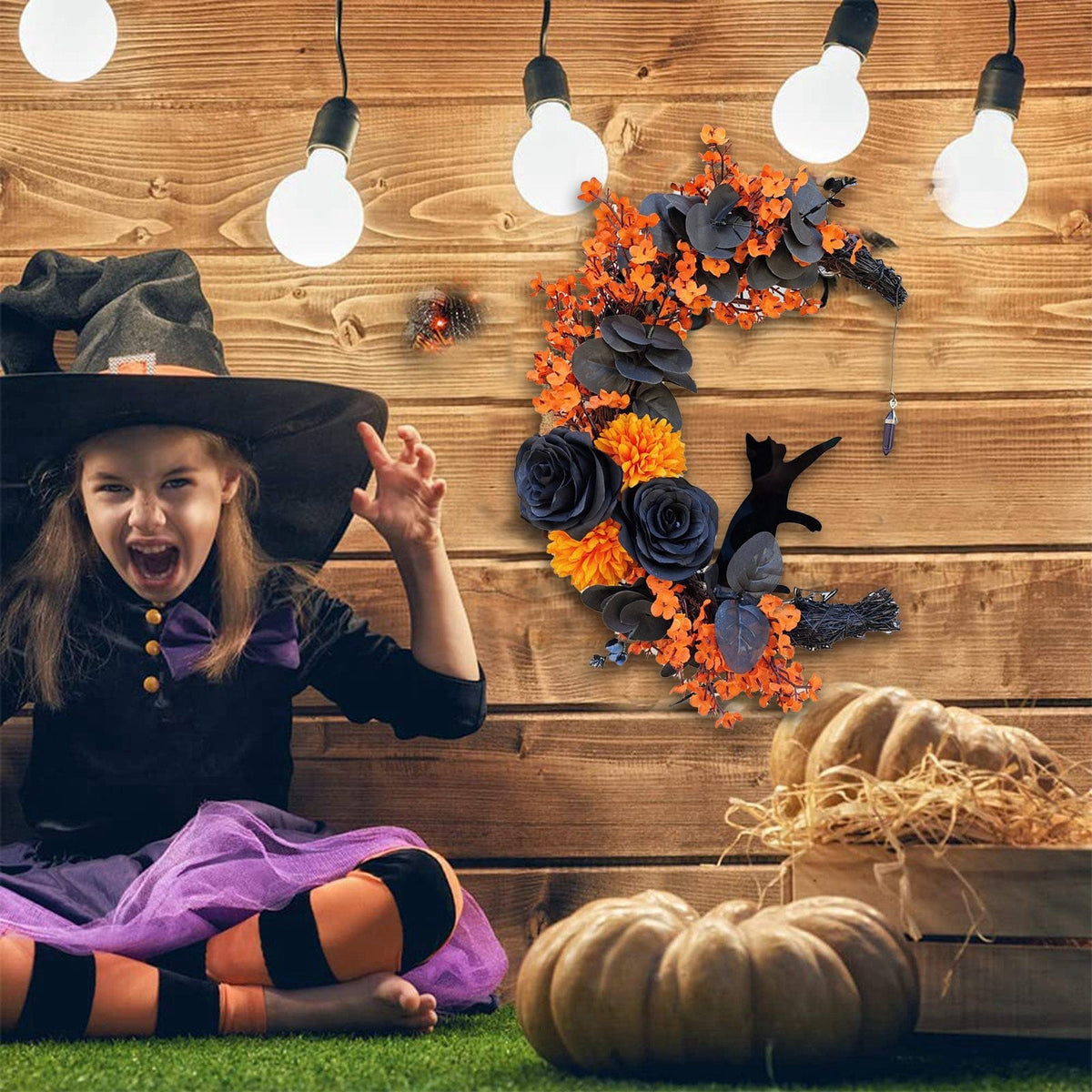 Lighted Halloween Wreath - Black Cat & Crescent Moon Design with LED Lights for Front Door, Porch & Wall Gothic Decor