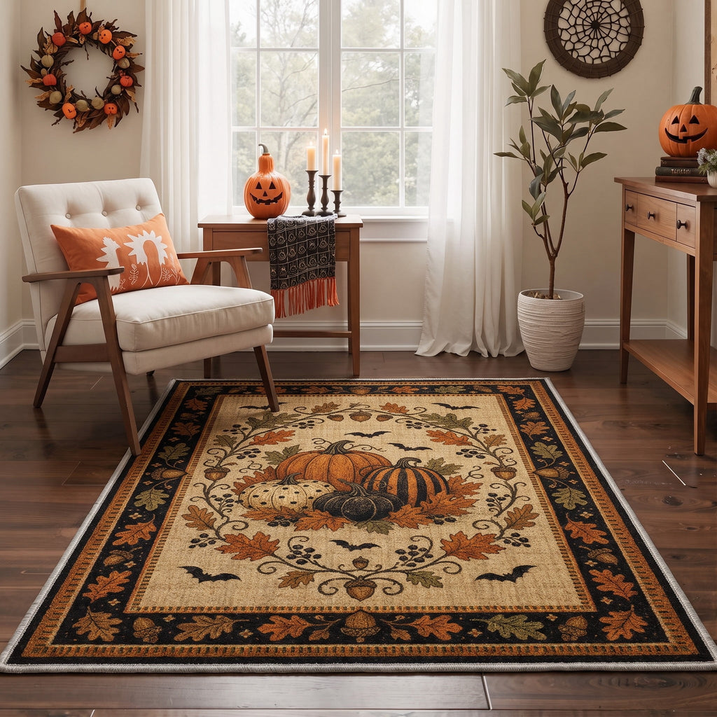KUETH 3'x5' Halloween Machine Washable Area Rug, Non-Slip Rugs for Living Room, Bedroom and Dining Room, Orange