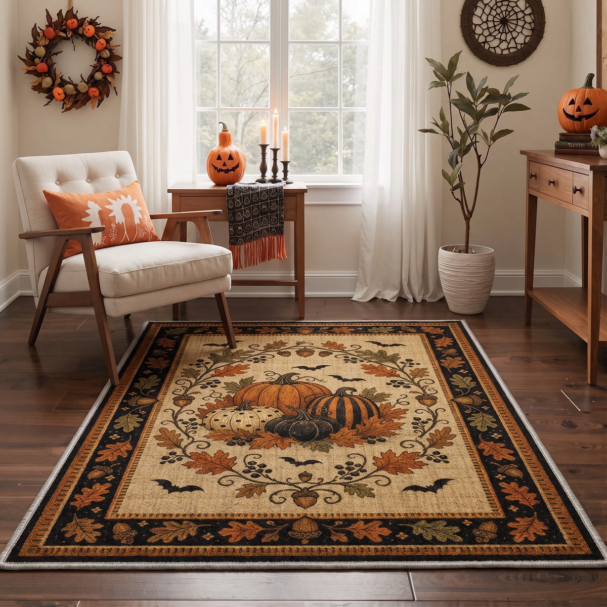 KUETH 3'x5' Halloween Machine Washable Area Rug, Non-Slip Rugs for Living Room, Bedroom and Dining Room, Orange