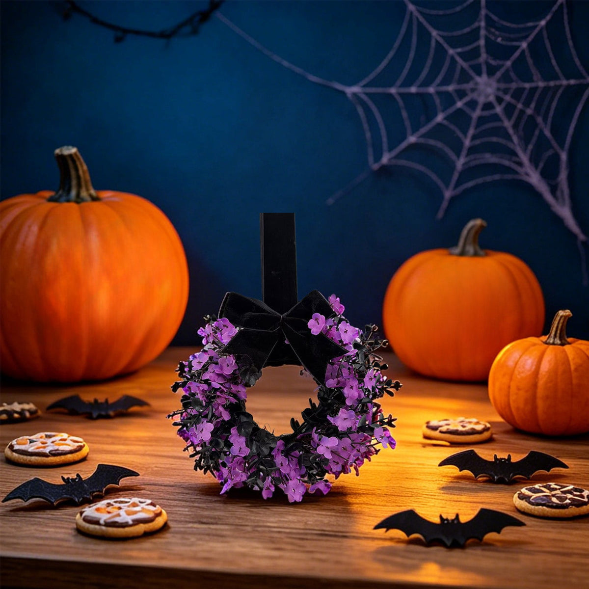 Handcrafted Artificial Floral Front Door Wreath with Velvet Bow, Fall Halloween Decor, Circular Garland for Home & Porch, Seasonal Decoration, Festive Wall Ornament