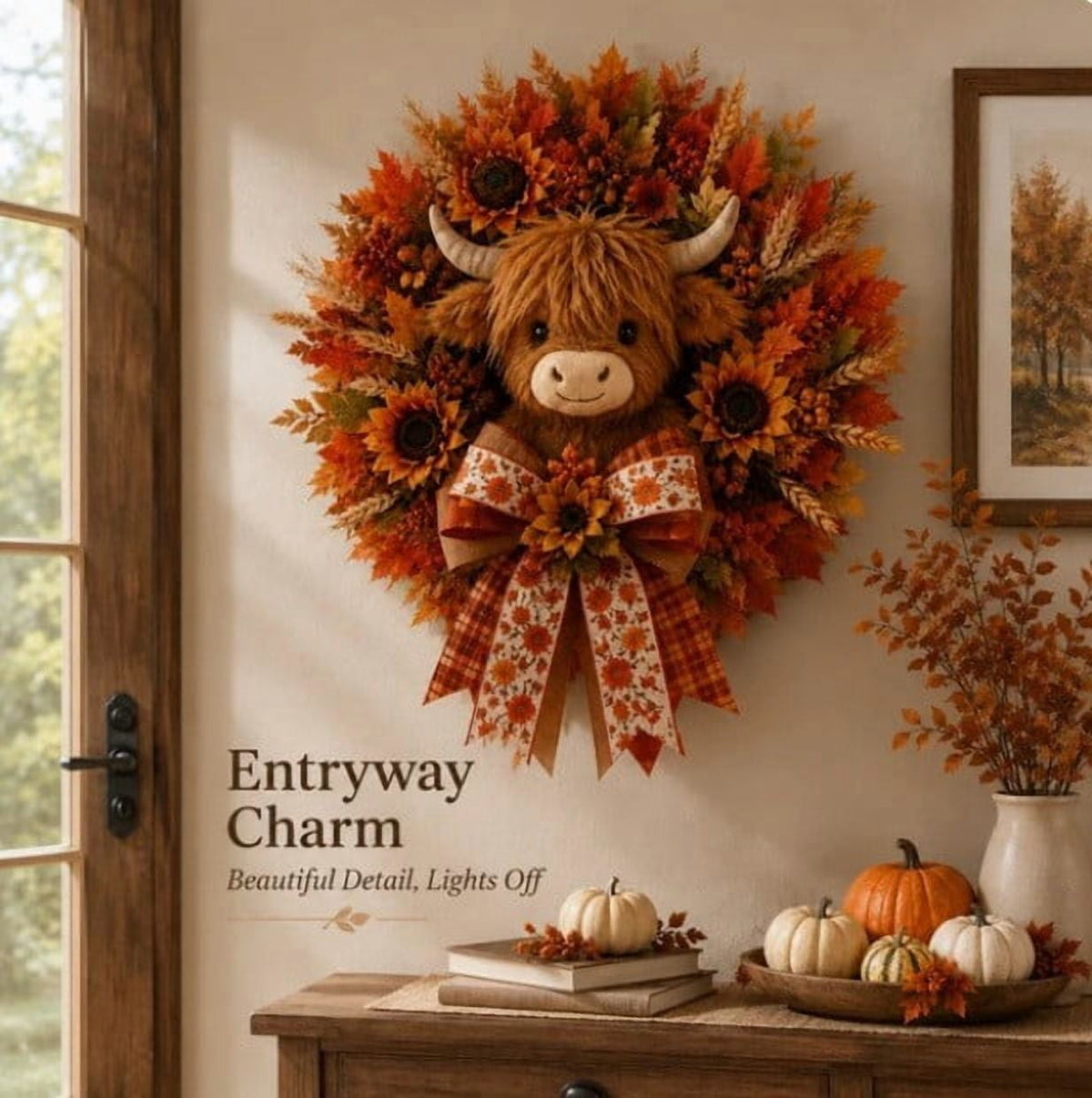 Gcvizuso Halloween Crescent Floral Wreath, Orange Red Rose Hydrangea Fall Front Door Decor for Autumn Harvest Celebration