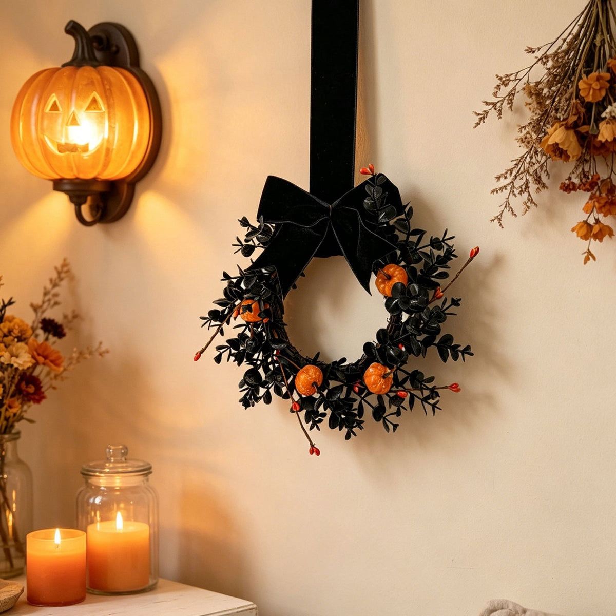 Halloween Wreath,Small Pumpkin Bow Wreaths for Front Door Kitchen Cabinet,Hanging Black Wreath for Autumn Holiday Halloween Decorations