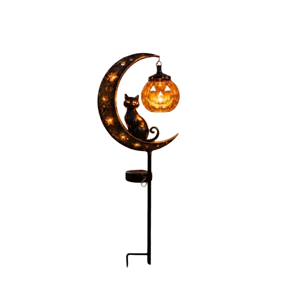 Clearance Halloween Solar Black Cat & Pumpkin Moon Garden Stake Light, Outdoor Waterproof LED Yard Decoration with Crescent Moon, Hanging Jack-o'-Lantern Lantern for Garden, Patio, Walkway, Porch