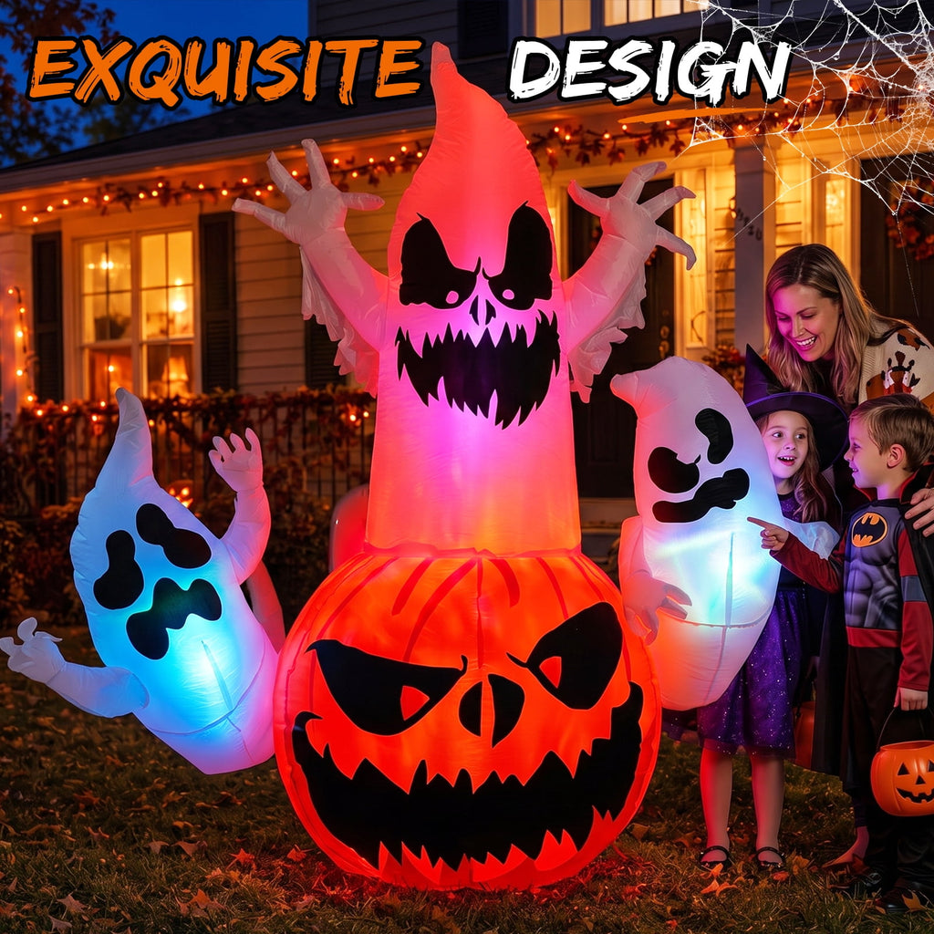 6FT Halloween Inflatable Ghost Pumpkin Decorations with LED Lights, 3 Ghosts Inflatable Yard Decorations for Outdoor Lawn Garden Porch Indoor Party Decorations